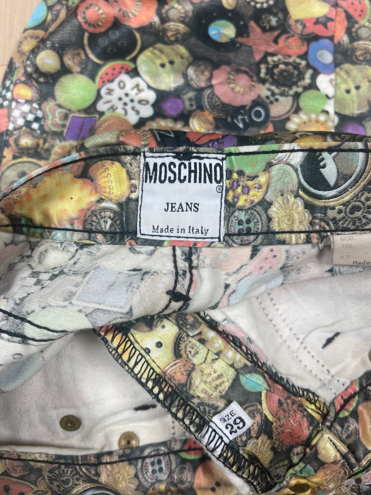 Vintage 90's Moschino Pants Trousers Made in Italy Cotton Rayon Shiny Buttons Pattern Size 29
