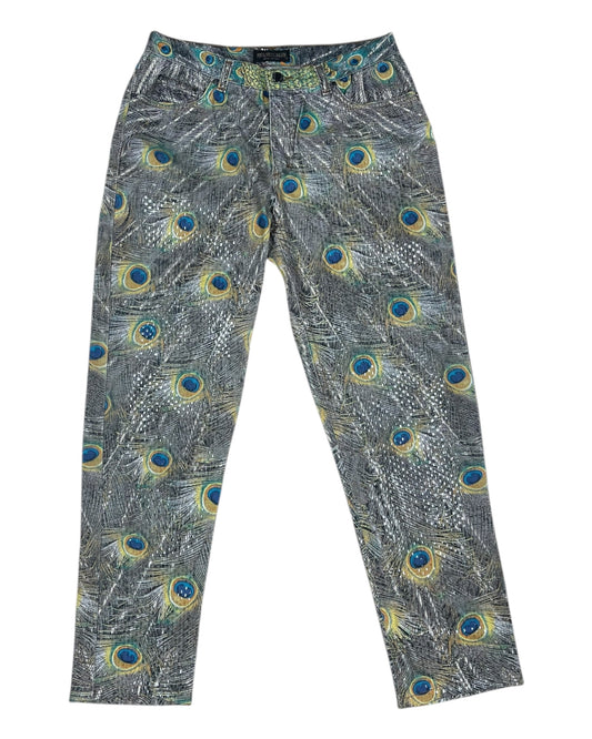 🦚Vintage 90's Roberto Cavalli Jeans Made in Italy Peacock Feathers Shiny Scales Pattern Size M Pants Trousers Jeans