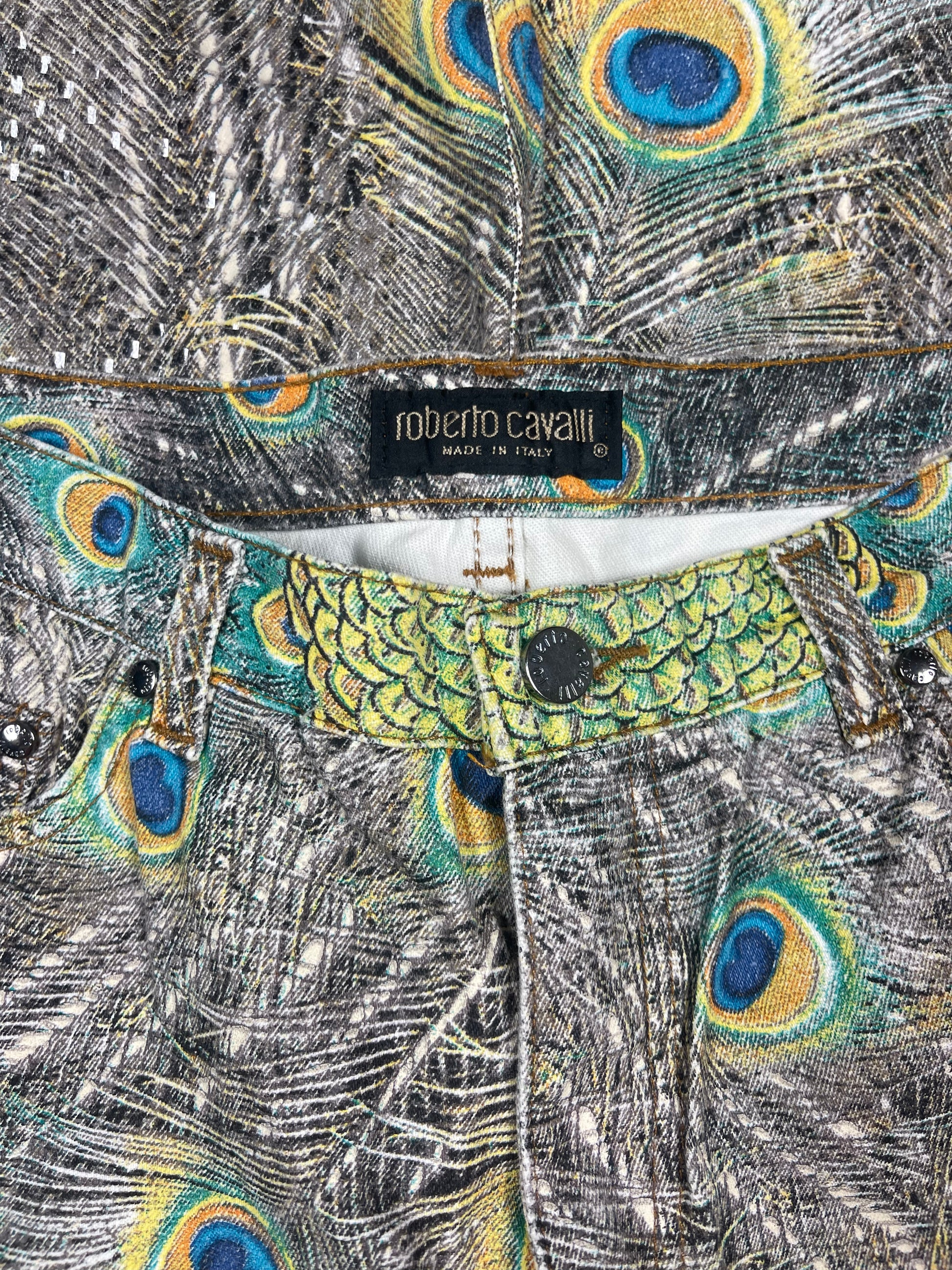 š¦Vintage 90's Roberto Cavalli Jeans Made in Italy Peacock Feathers Shiny Scales Pattern Size M Pants Trousers Jeans