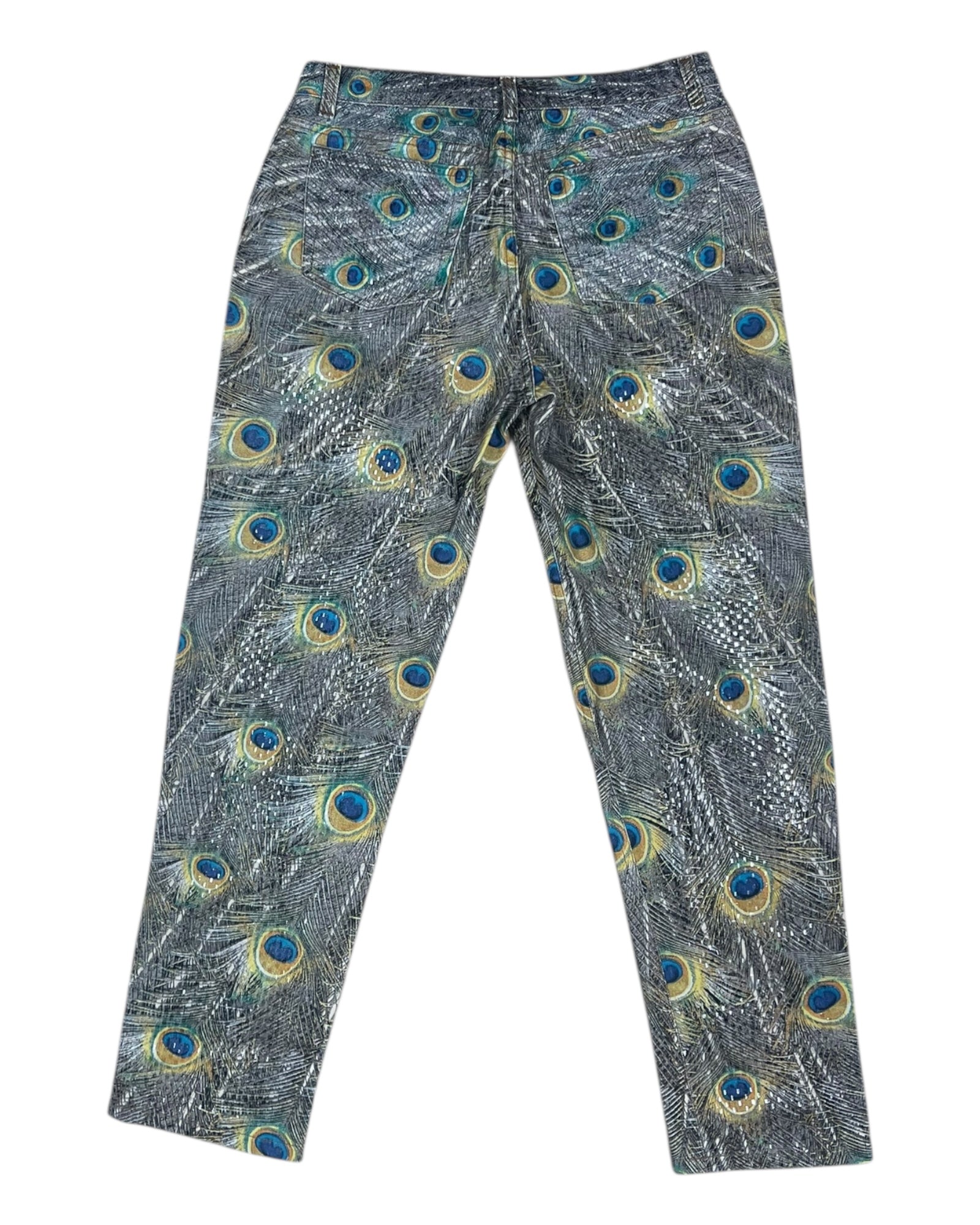 š¦Vintage 90's Roberto Cavalli Jeans Made in Italy Peacock Feathers Shiny Scales Pattern Size M Pants Trousers Jeans