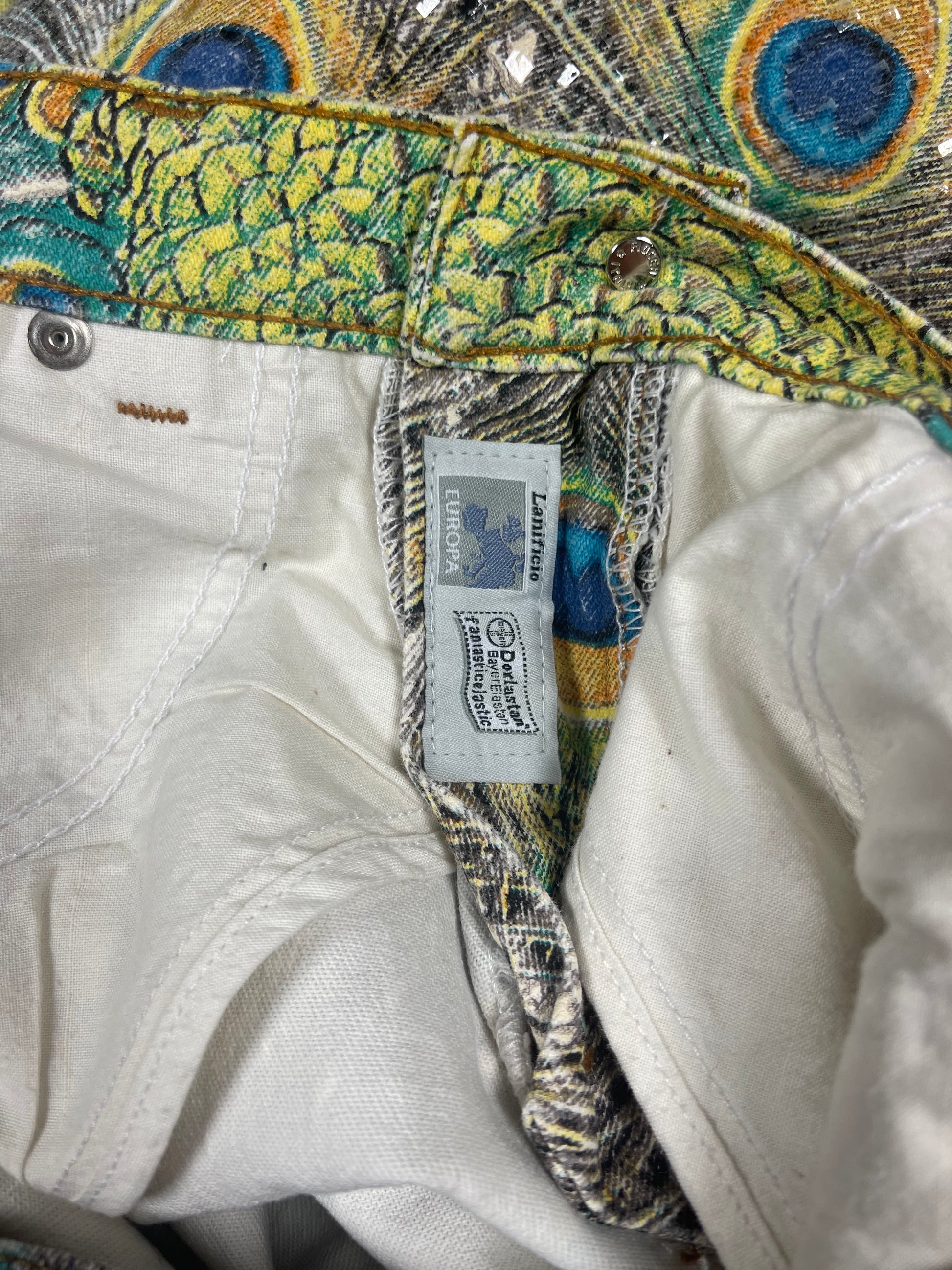 š¦Vintage 90's Roberto Cavalli Jeans Made in Italy Peacock Feathers Shiny Scales Pattern Size M Pants Trousers Jeans