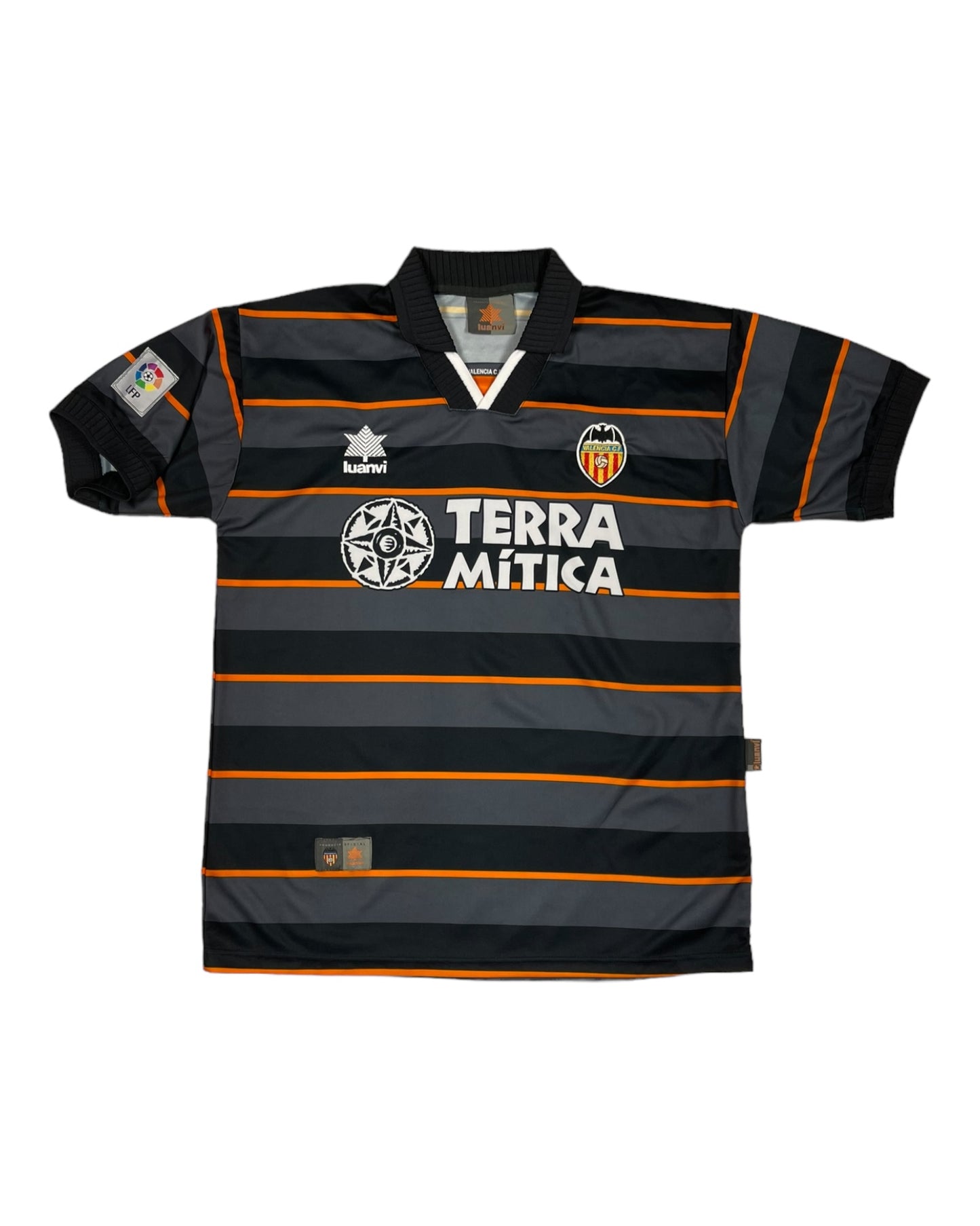 Vintage 90's Valencia Luanvi 1999-2000 Third Football Shirt Terra Mitica Made in UE Grey Black Orange Size L