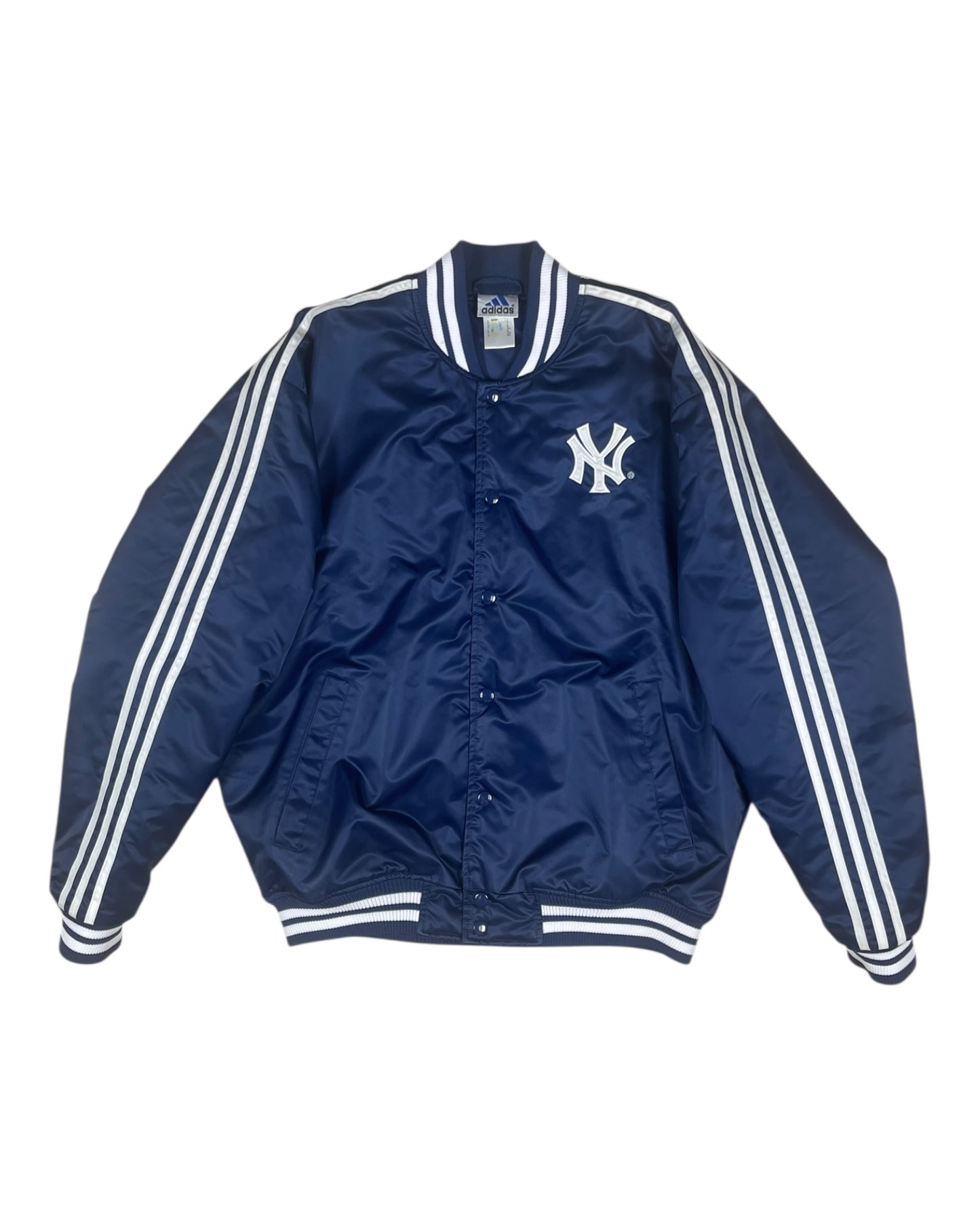 Vintage Adidas 2000 New York NY Baggy Thick Varsity Bomber Jacket College Baseball Jacket Navy Blue Shiny Size M-L