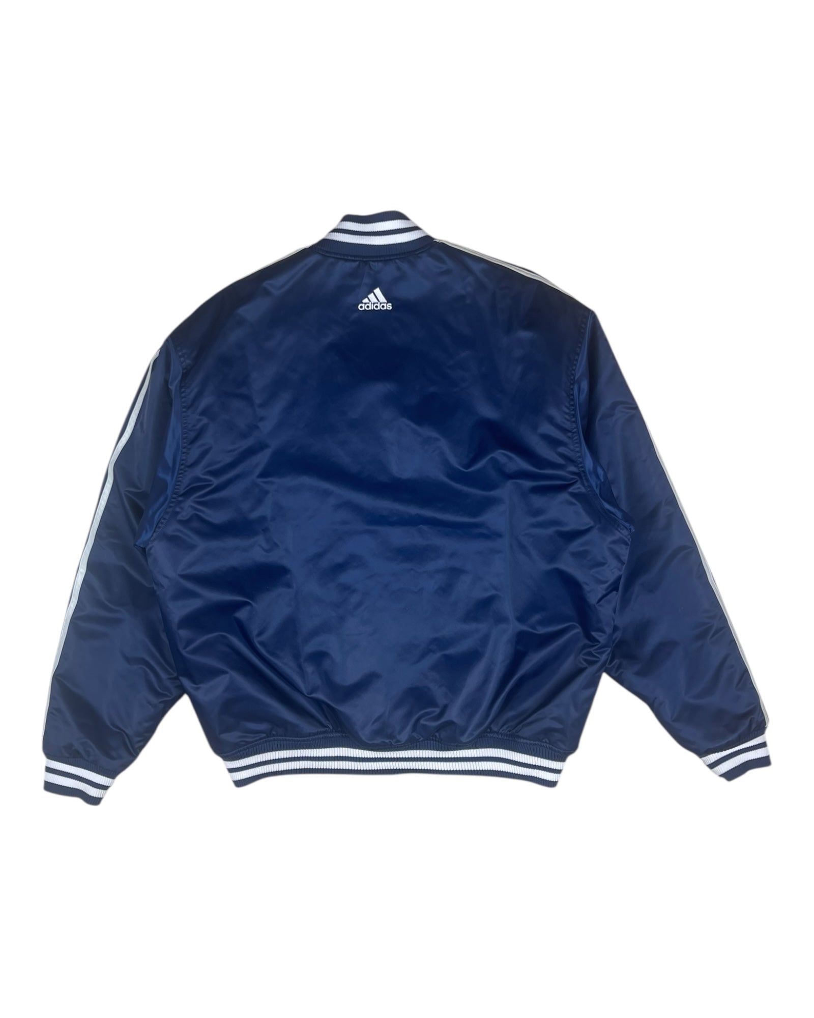 Vintage Adidas 2000 New York NY Baggy Thick Varsity Bomber Jacket College Baseball Jacket Navy Blue Shiny Size M-L