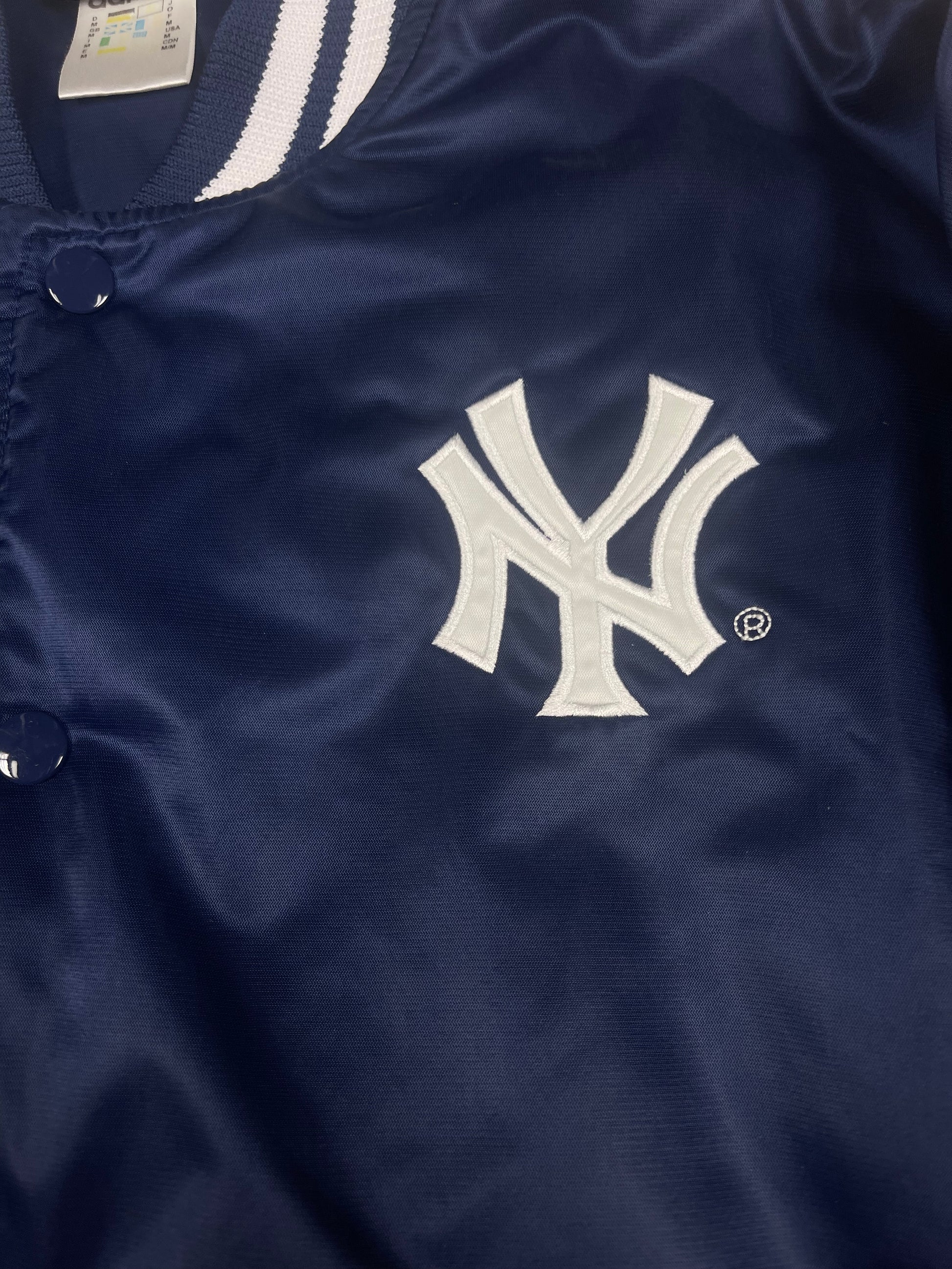Vintage Adidas 2000 New York NY Baggy Thick Varsity Bomber Jacket College Baseball Jacket Navy Blue Shiny Size M-L