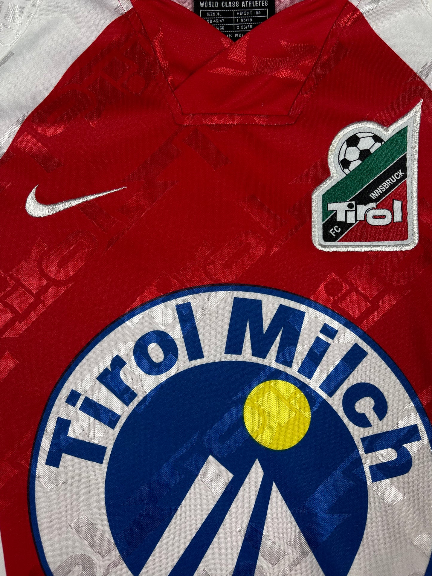 Vintage FC Tirol Innsbruck Nike Premier 1996- 1998 Home Football Shirt Made in Belgium Size XL Red Black Tirol Milch Lattella