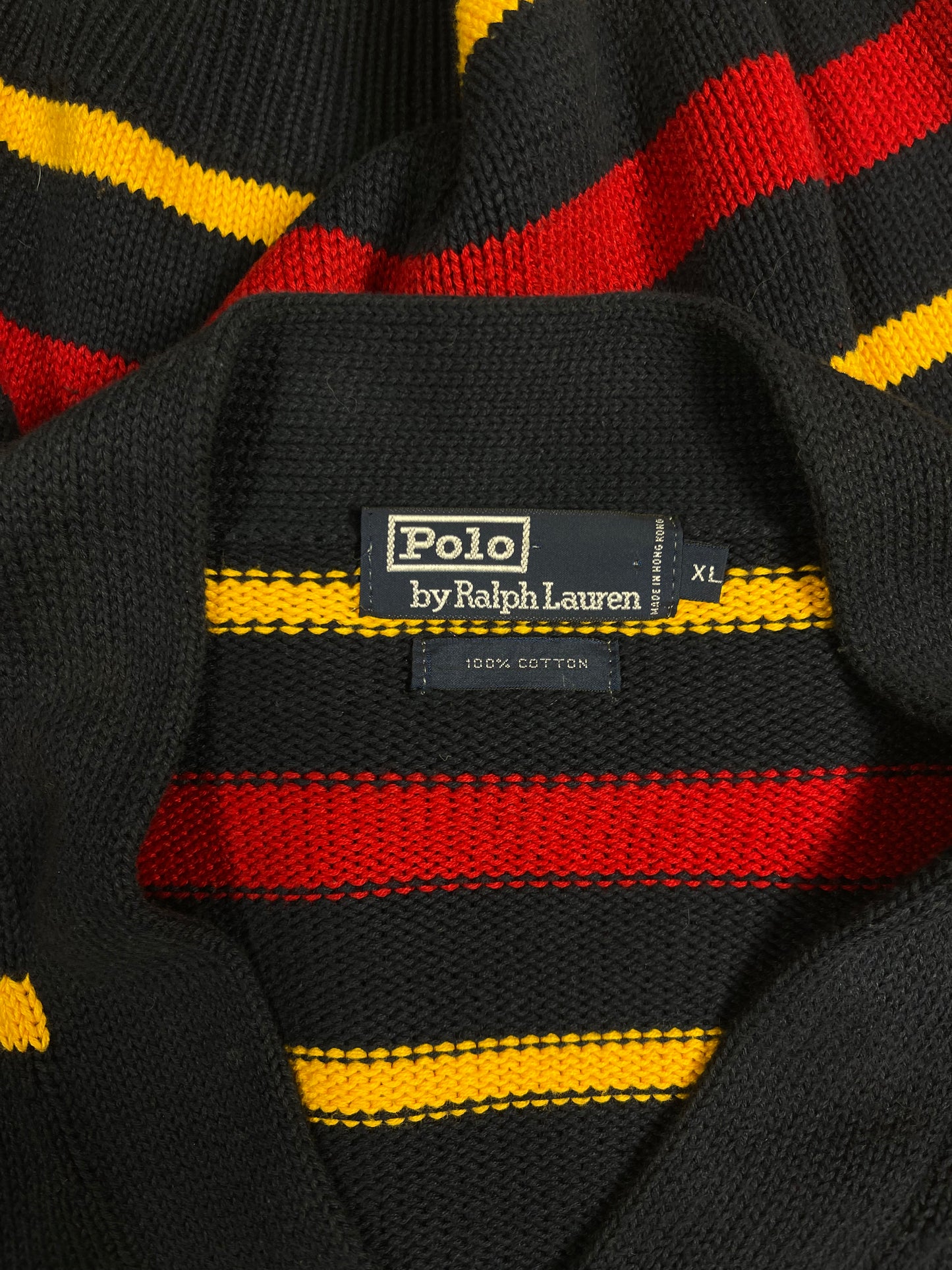 Vintage Ralp Lauren V-Neck Jumper Navy Blue Yellow Red Stripes Size XL