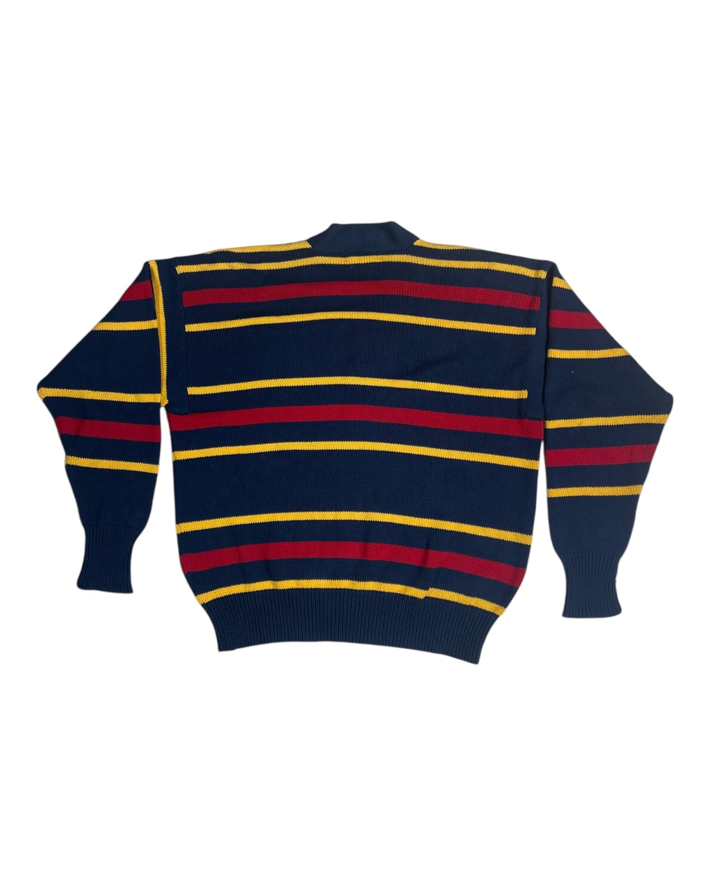 Vintage Ralph Lauren V-Neck Jumper Navy Blue Yellow Red Stripes Size XL