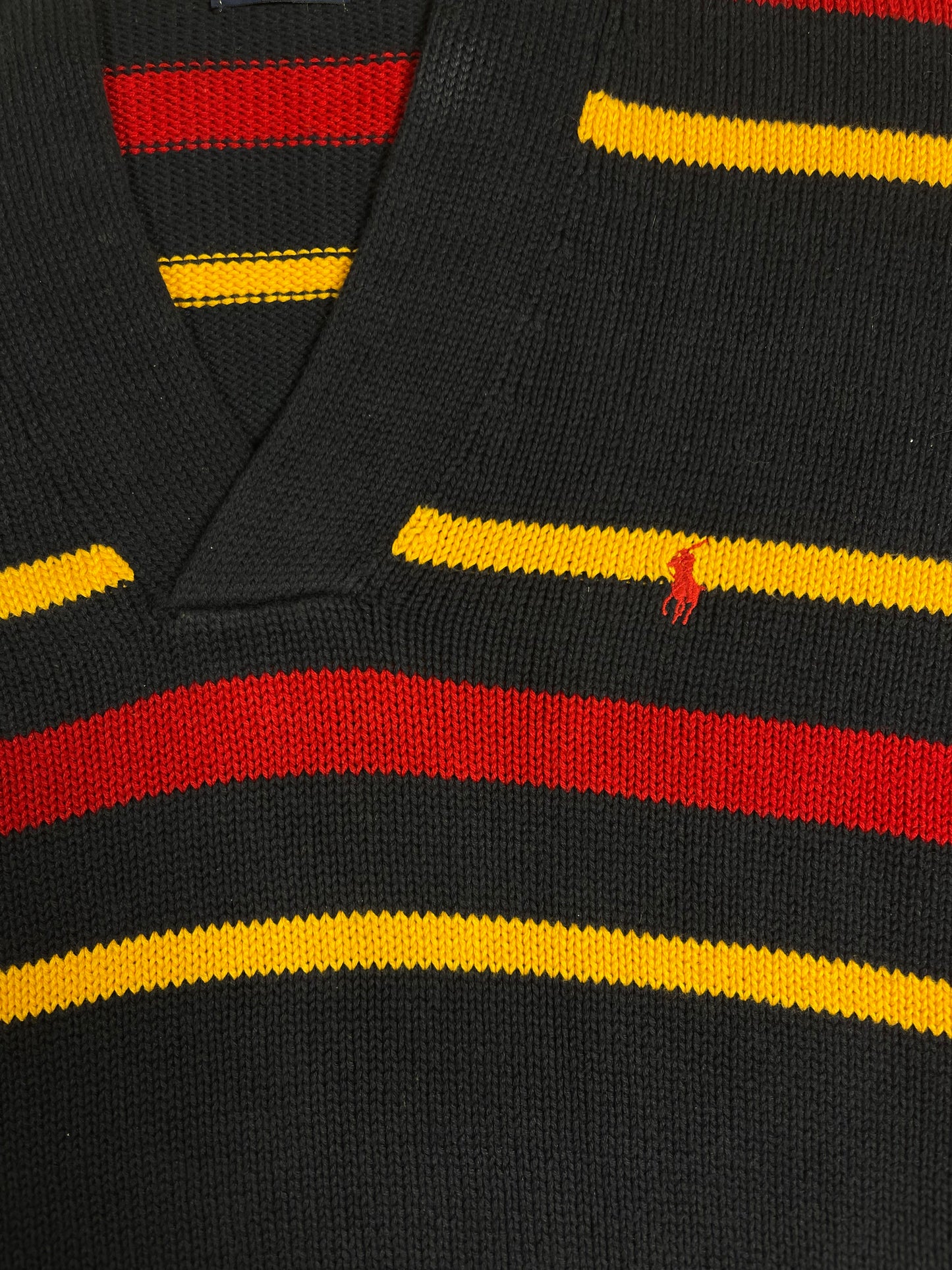 Vintage Ralph Lauren V-Neck Jumper Navy Blue Yellow Red Stripes Size XL