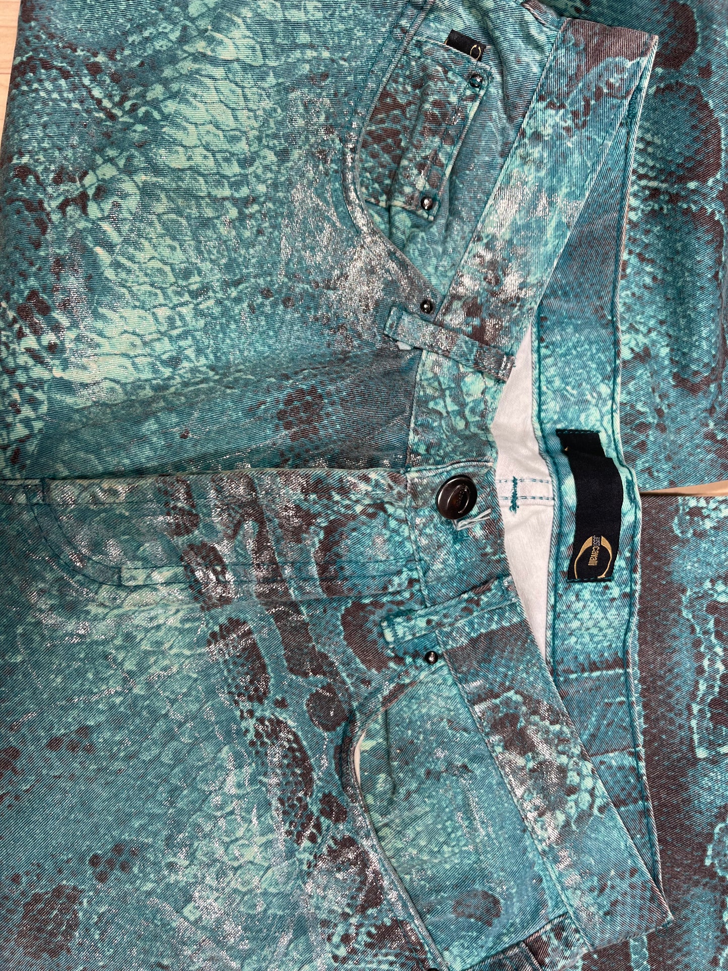 Y2K Just Cavalli Pants Trousers Shiny Snake Skin Pattern in Turquoise Shades Made in Italy Roberto Cavalli