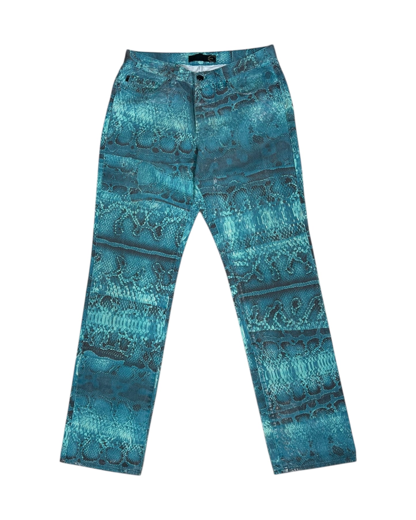 Y2K Just Cavalli Pants Trousers Shiny Snake Skin Pattern in Turquoise Shades Made in Italy Roberto Cavalli