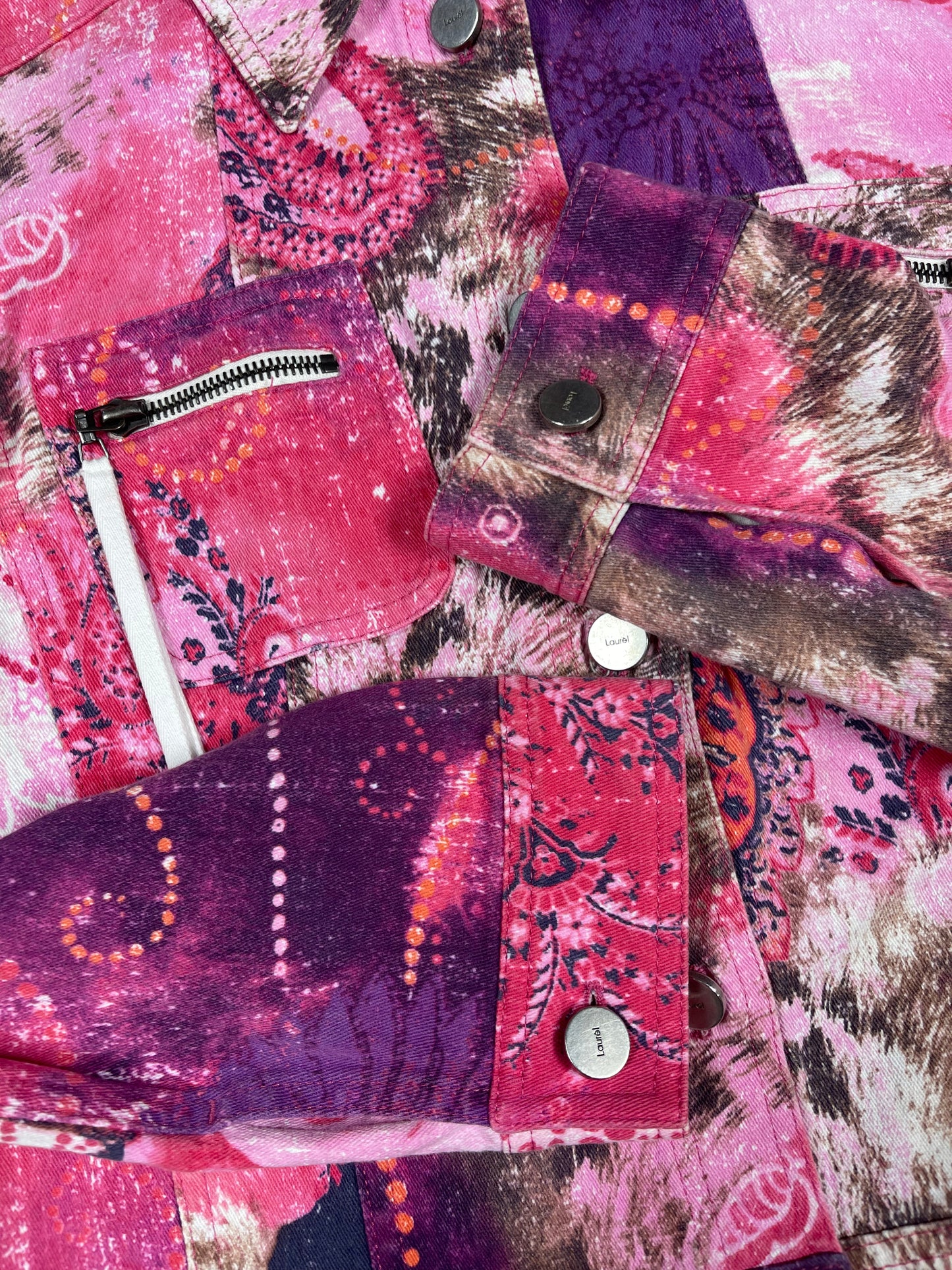 Y2K Laurél Jeans Jacket Size S 36 Slim Fit Pink Barbie Animal Floral Print 00's