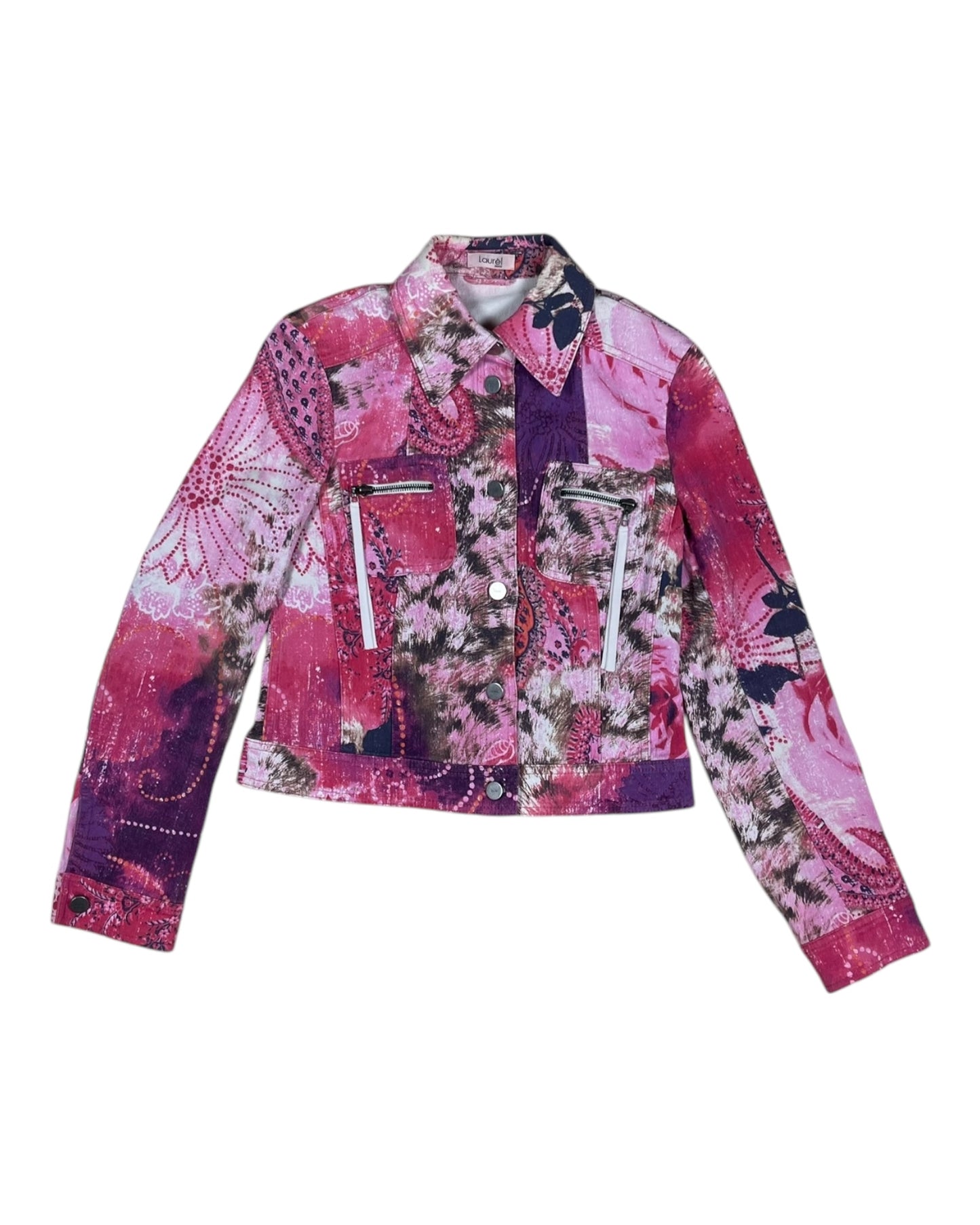 Y2K Laurél Jeans Jacket Size S 36 Slim Fit Pink Barbie Animal Floral Print 00's