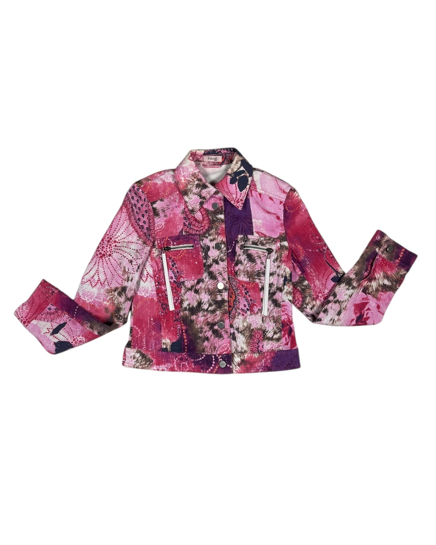 Y2K Laurél Jeans Jacket Size S 36 Slim Fit Pink Barbie Animal Floral Print 00's