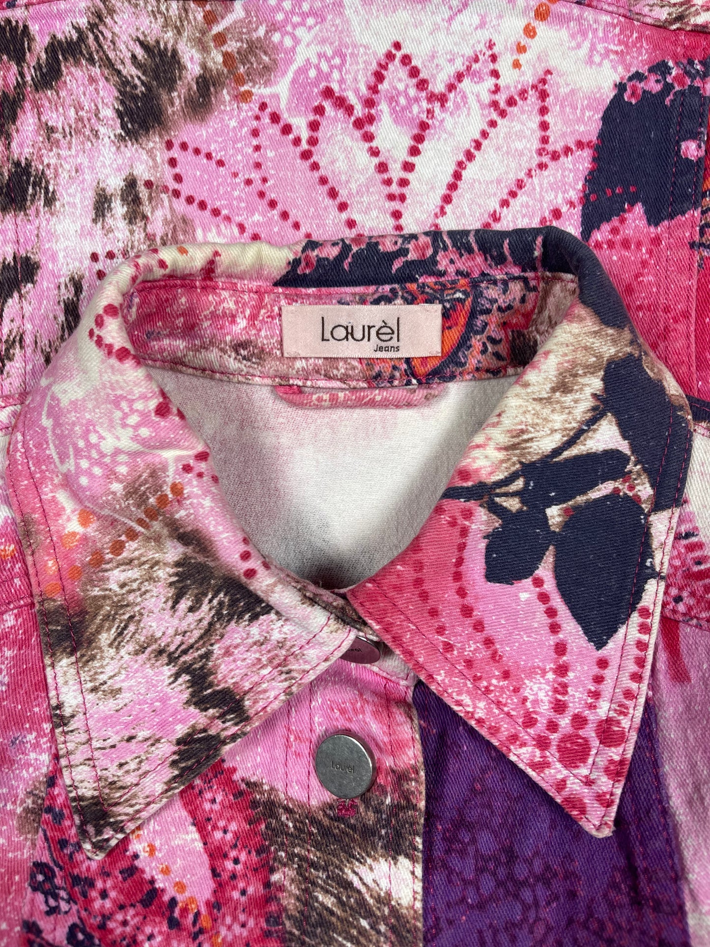 Y2K Laurél Jeans Jacket Size S 36 Slim Fit Pink Barbie Animal Floral Print 00's