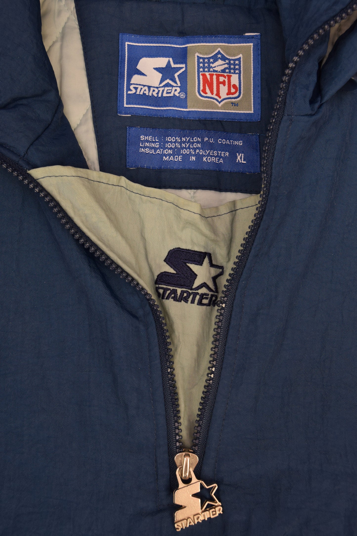Vintage 90's Starter Cowboys Dallas Quilted Jacket NFL 1/4 Quarter Zip Size XL Blue