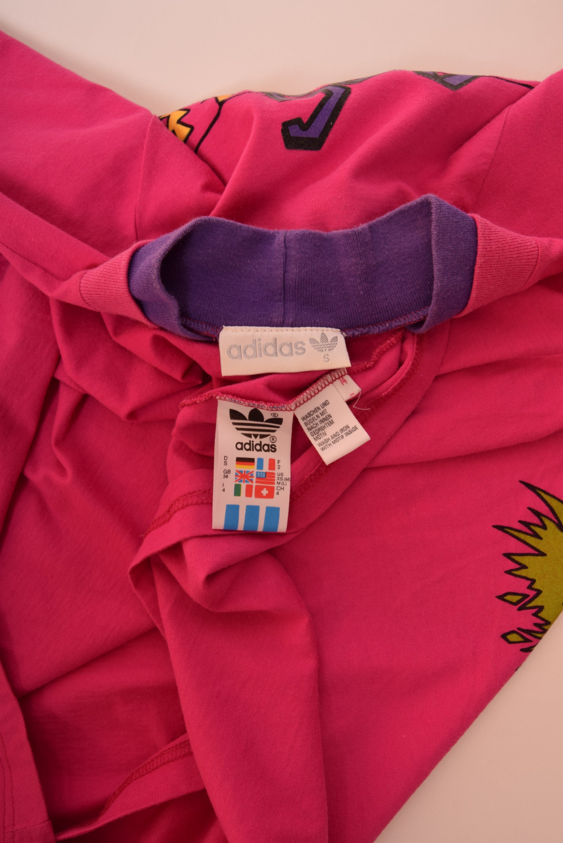 Vintage Adidas 80's Tribal Print T-Shirt Size S-M Magenta Made in Yugoslavia 100% Cotton