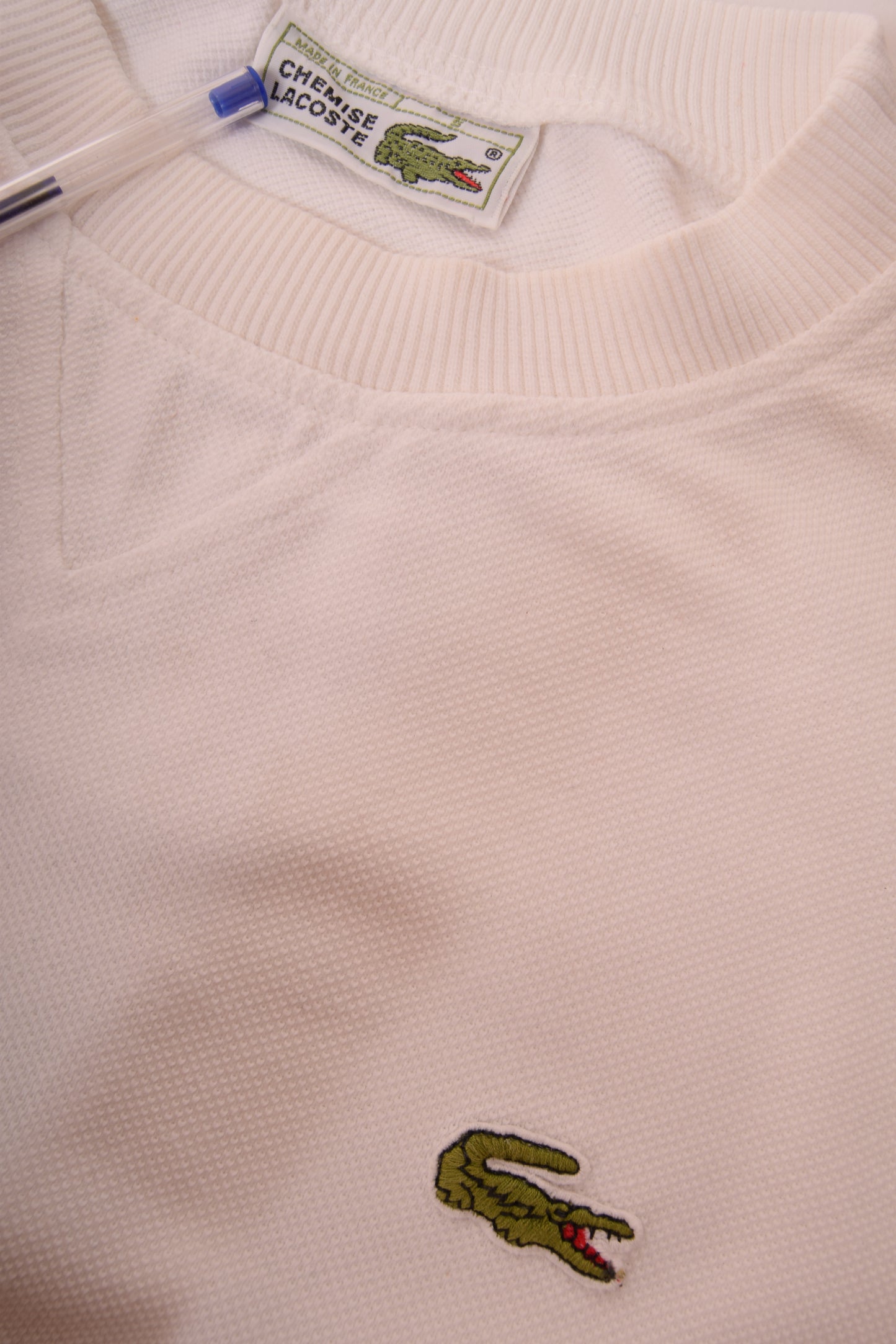 Vintage Lacoste Sweatshirt Crew Neck Pique Made in France 100% Cotton White Size M-L