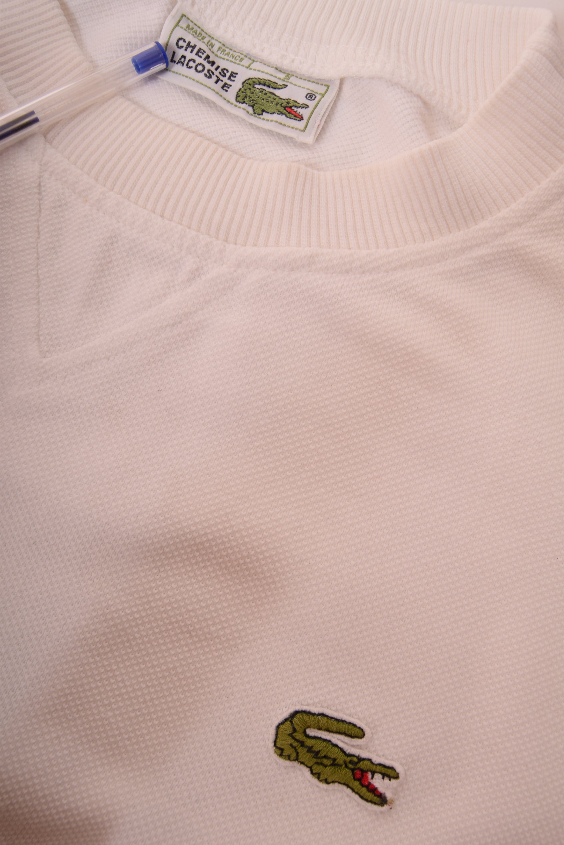 Vintage Lacoste Sweatshirt Crew Neck Pique Made in France 100% Cotton White Size M-L