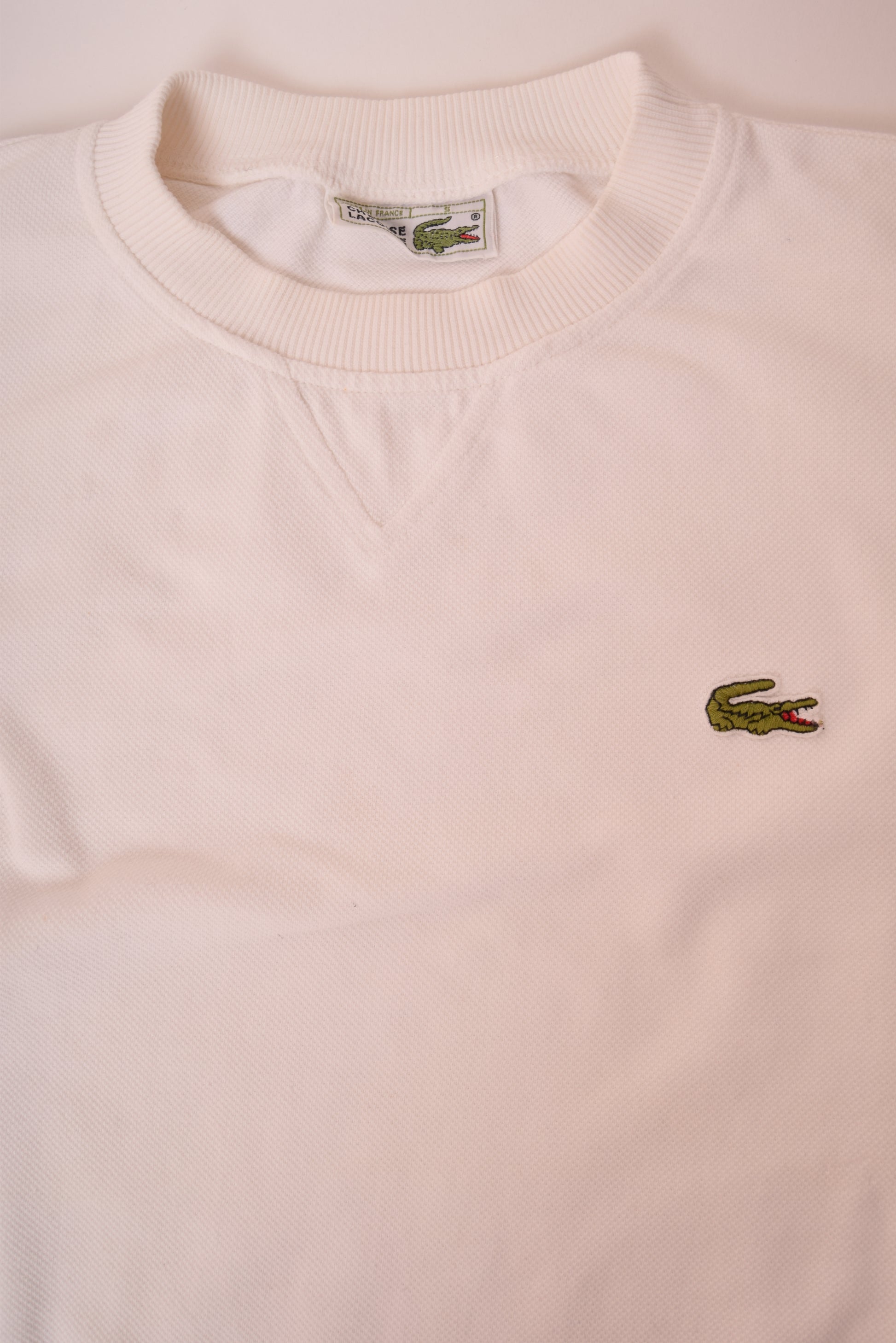 Vintage Lacoste Sweatshirt Crew Neck Pique Made in France 100% Cotton White Size M-L