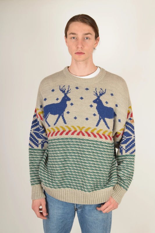 Vintage 90s Adidas Jumper Reindeer Snowflake Pullover Winter Warm Ski Sweater Christmas