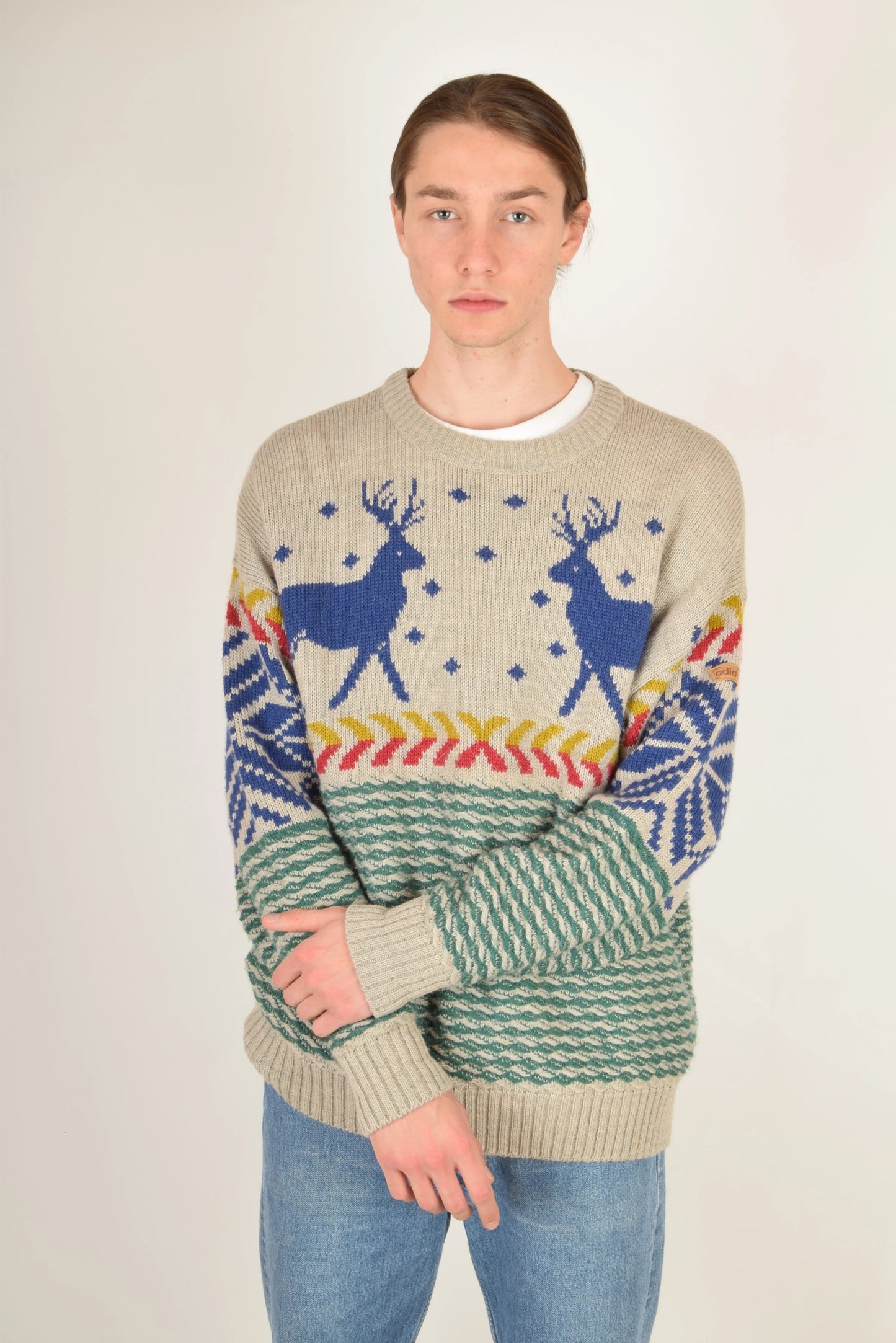 Vintage 90's Adidas Jumper Raindeer Snowflake Pullover Winter Warm Ski Sweater Christmas