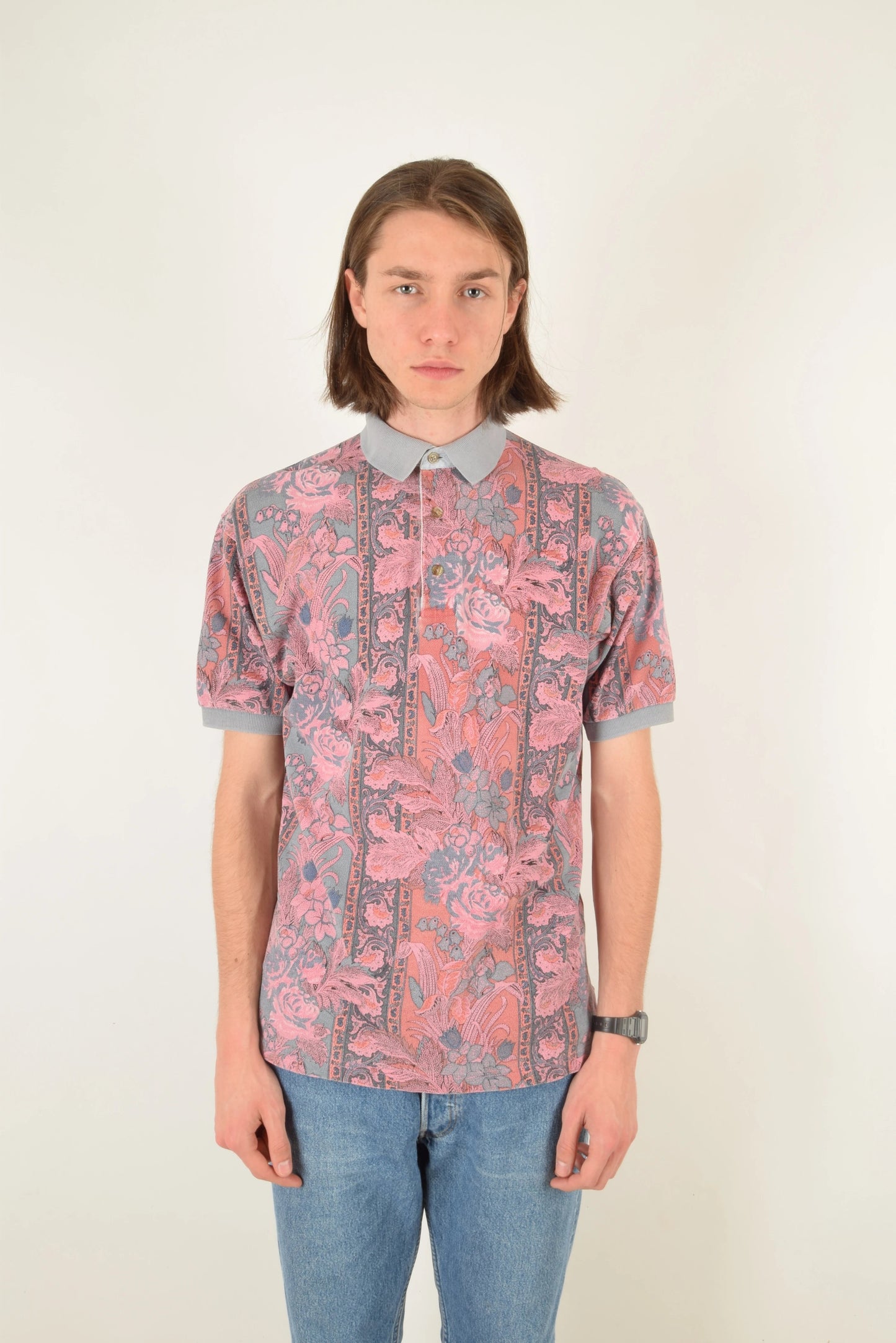 Vintage 90's Osvaldo Bruni Polo Shirt Floral Pattern Size M