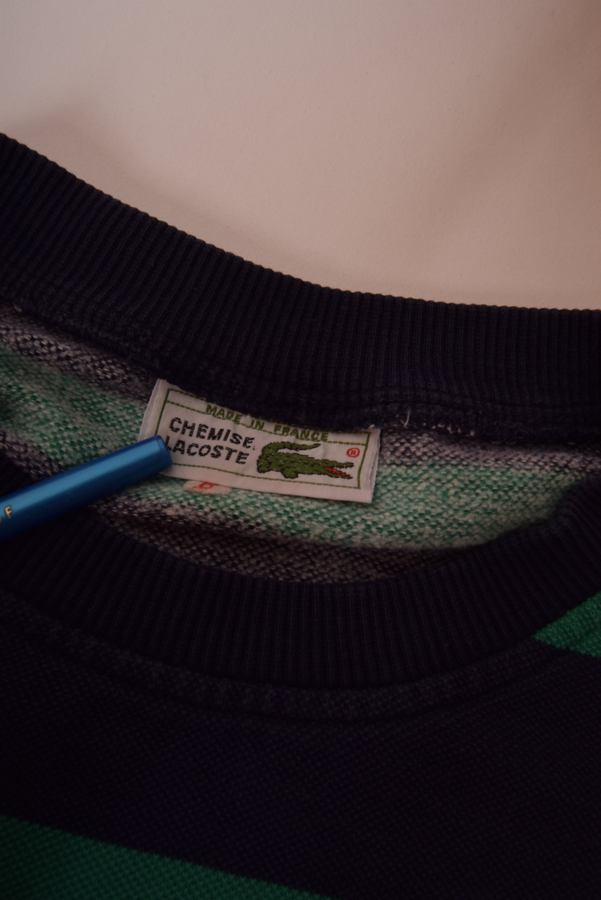 Vintage 80's Lacoste La Chemise Pique Sweatshirt Crew Neck Made in France Blue Green Stripes Size L-XL