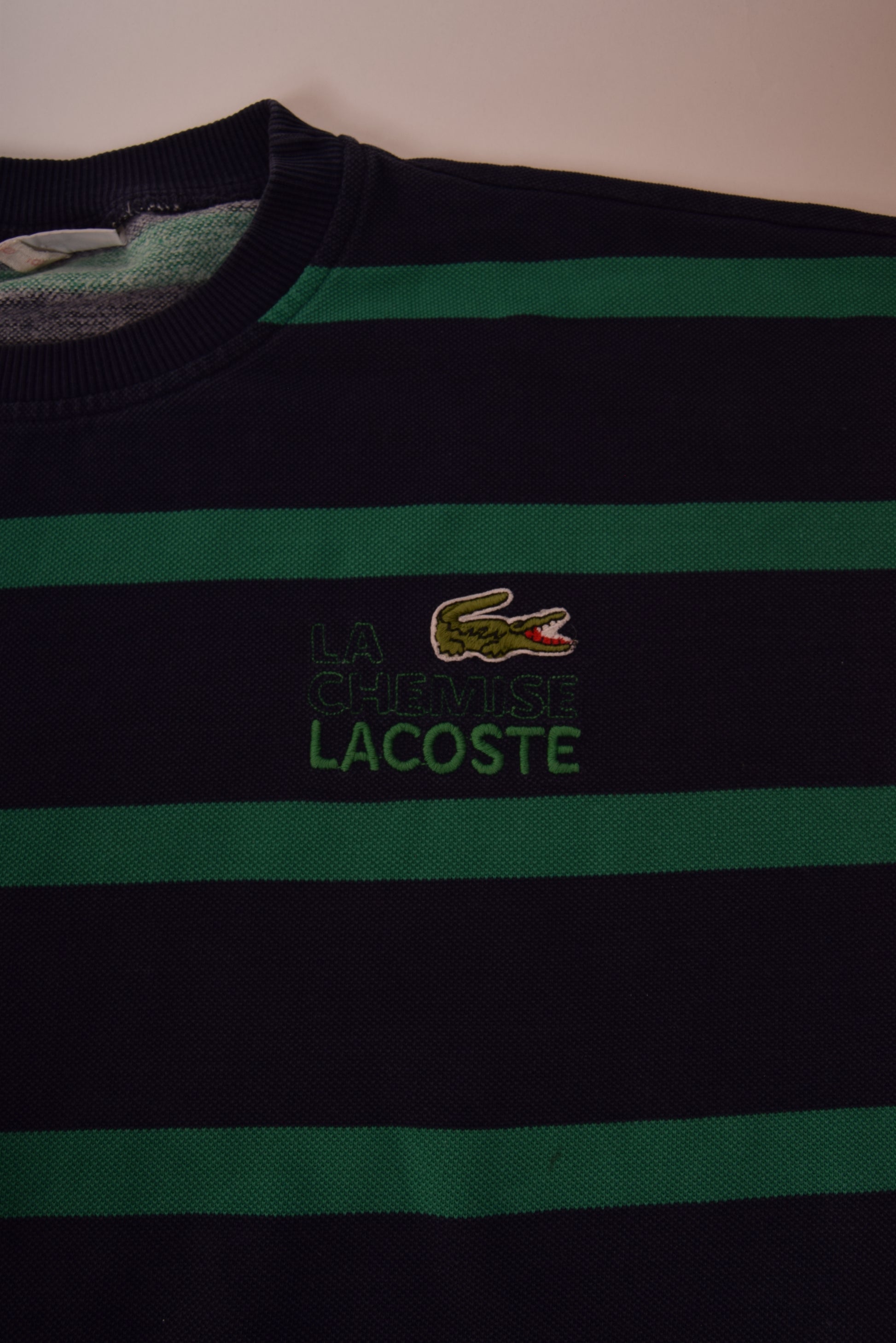 Vintage 80's Lacoste La Chemise Pique Sweatshirt Crew Neck Made in France Blue Green Size L-XL  Stripes