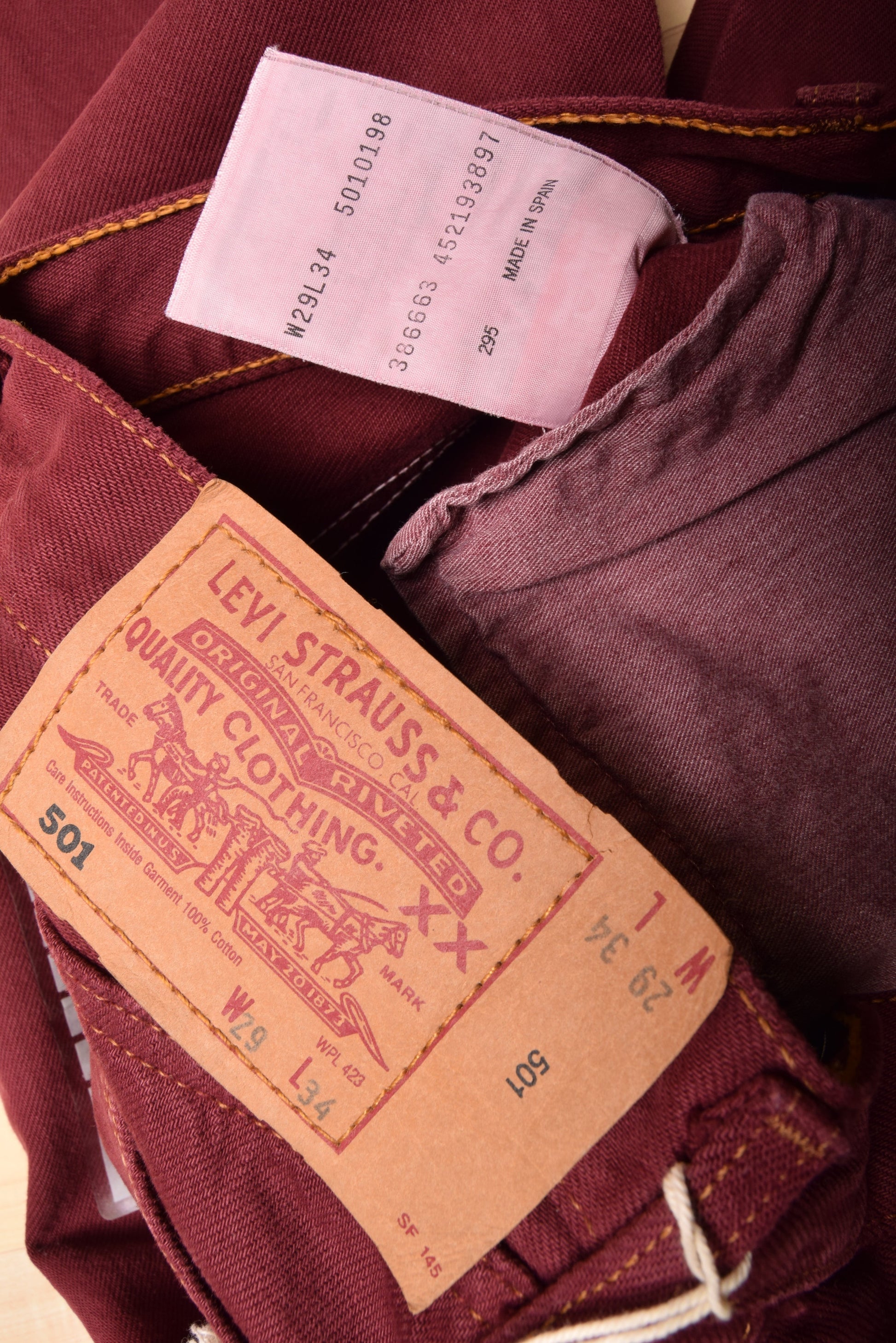 Levi's Strauss 501 Denim Jeans Pants W29L34 Burgundy