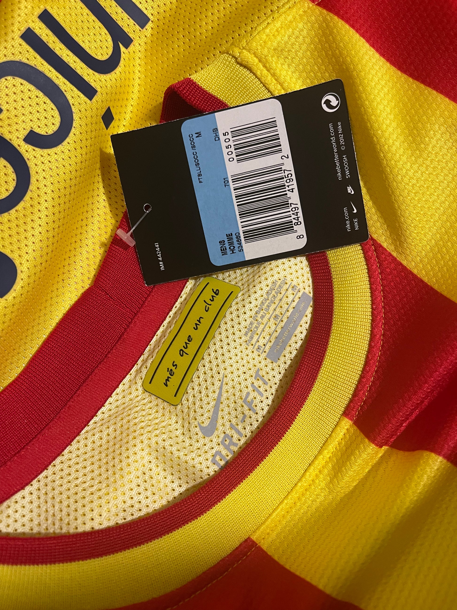 Authentic New Barcelona Nike DRI - FIT Player Issue Away 2013-2014 Away Football Shirt BNWT Deadstock Qatar Airways Unicef Yellow Red Stripes Size L Long Sleeves Dri-Fit