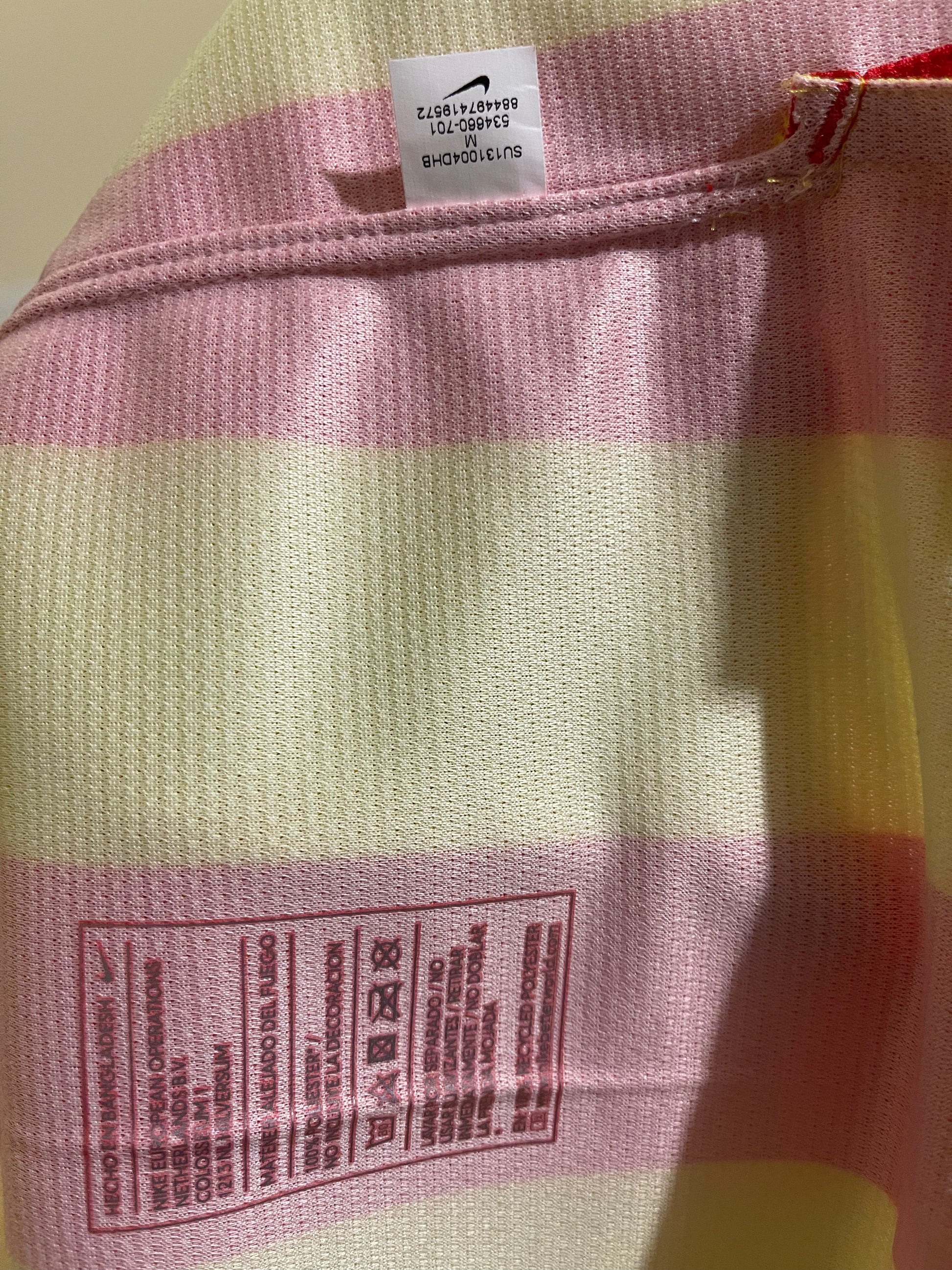 Authentic New Barcelona Nike DRI - FIT Player Issue Away 2013-2014 Away Football Shirt BNWT Deadstock Qatar Airways Unicef Yellow Red Stripes Size L Long Sleeves Dri-Fit