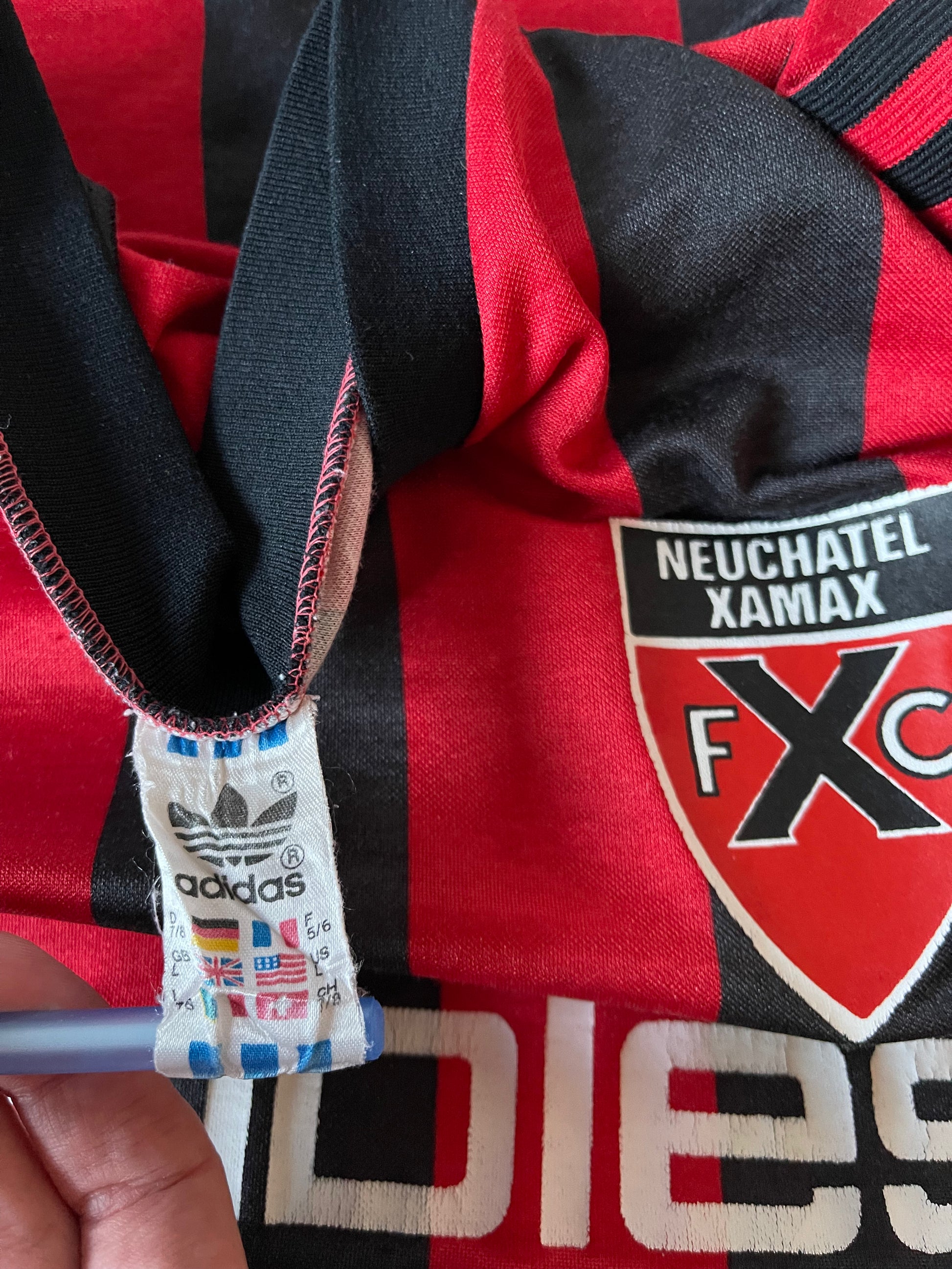 Neuchatel Xamax Adidas 1985-1987 Home Football Shirt Meubles Meyer Long Sleeves Red Black Made in Western Germany
