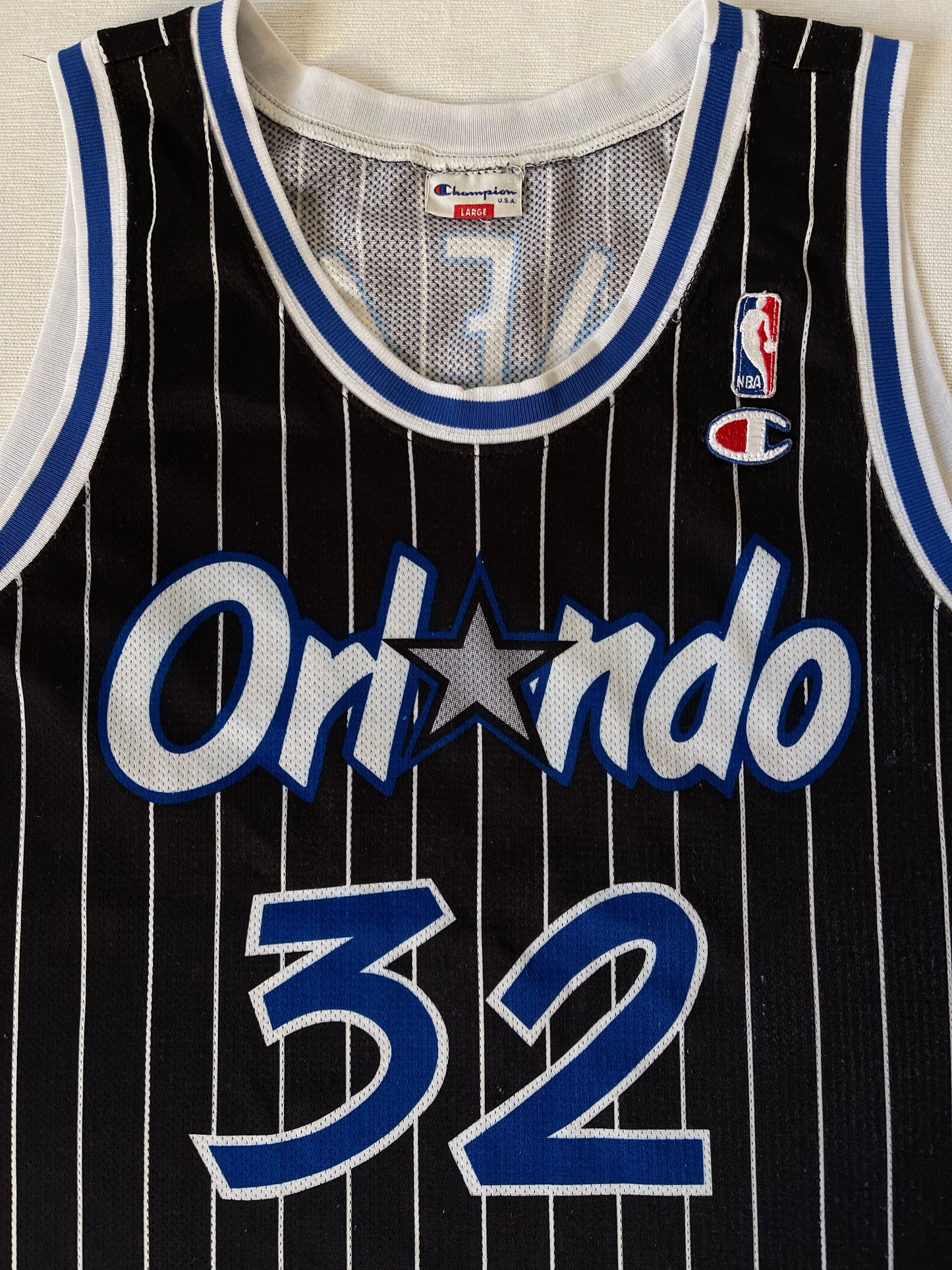 Shaquille O'Neal Orlando Magic Champion 1992-1994 Away Jersey NBA Basketball Black With White Stripes Size L