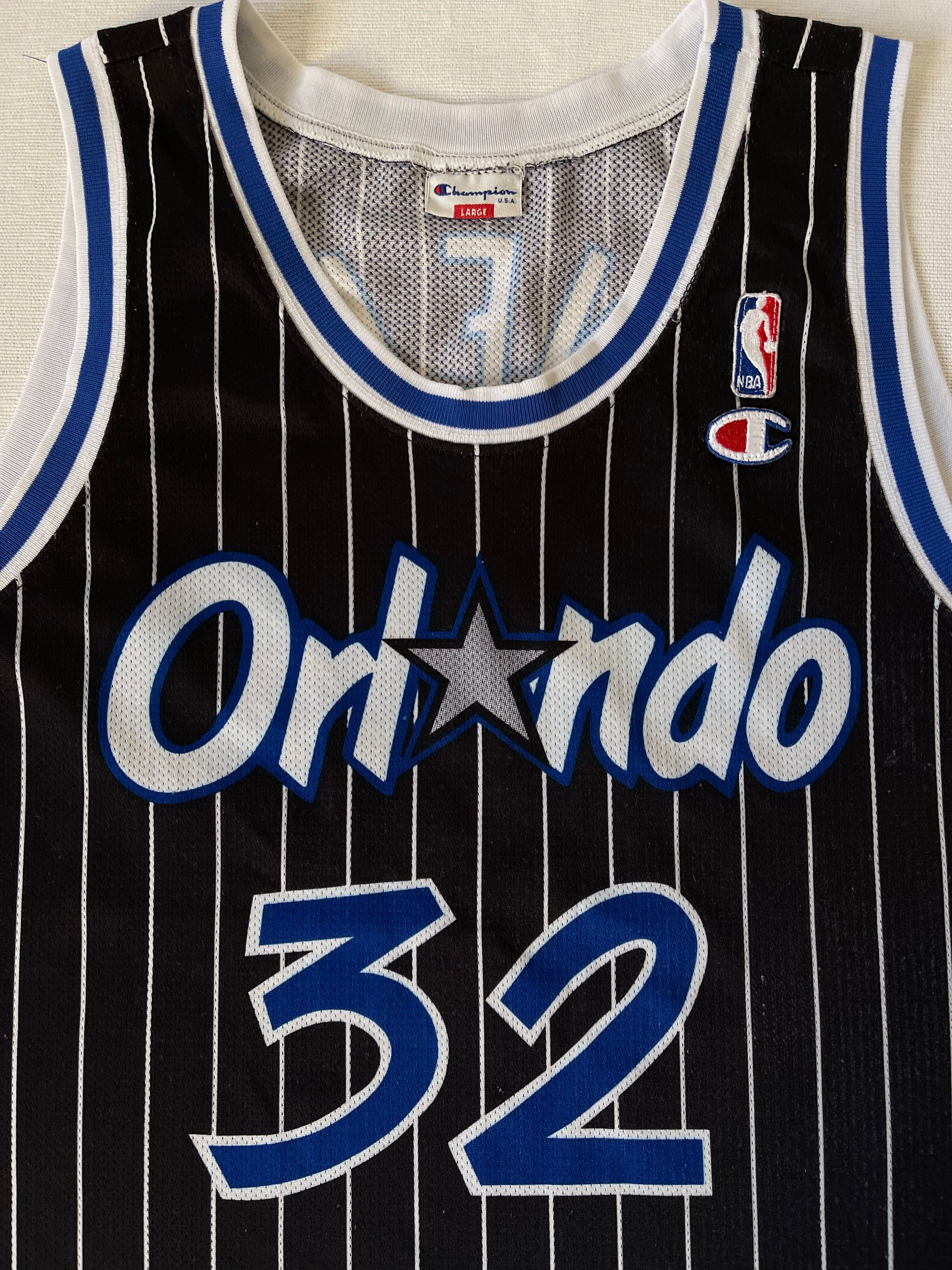 Shaquille O'Neal Orlando Magic Champion 1992-1994 Away Jersey NBA Basketball Black With White Stripes Size L