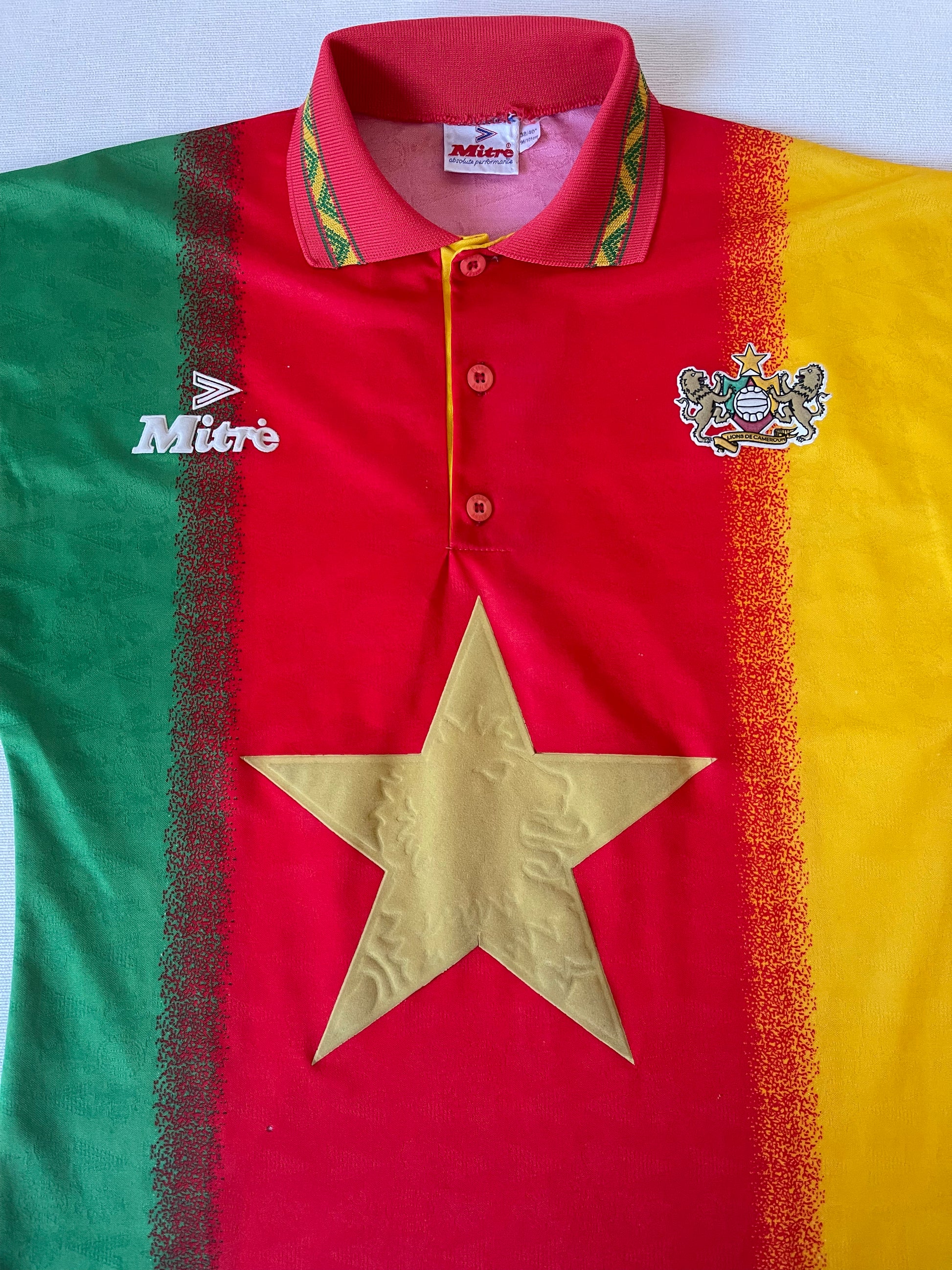 Vintage Cameroon Mitre 1994 - 1995 Home Football Shirt Size M Red Yellow Green Made in UK