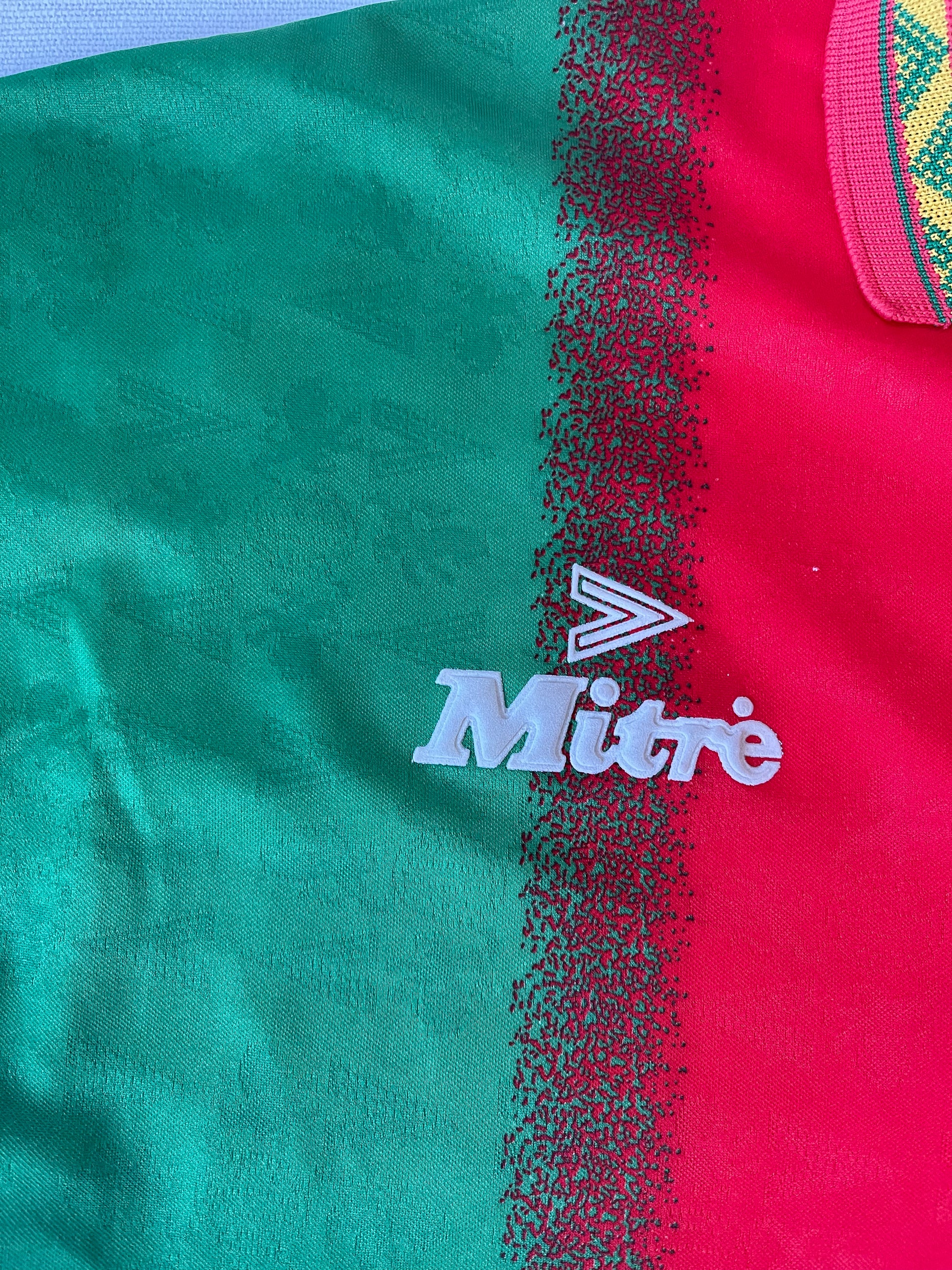 Vintage Cameroon Mitre 1994 - 1995 Home Football Shirt Size M Red Yellow Green Made in UK