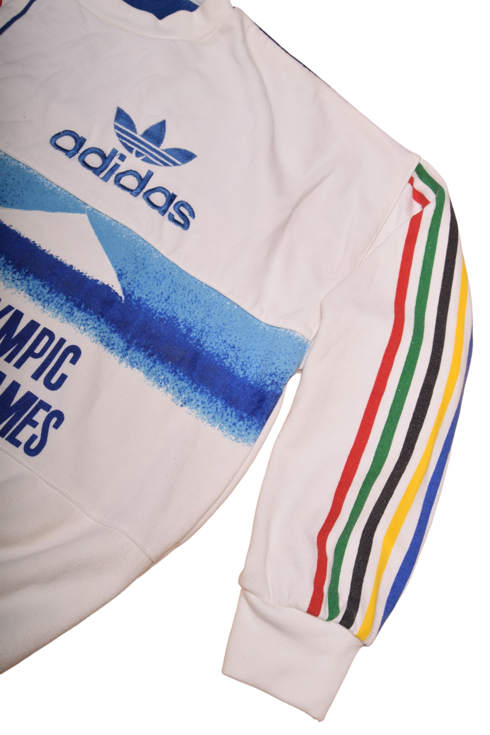 Vintage Adidas Take Off Sweatshirt Crew Neck XI Olympic Winter Game Sapporo '72 Olympiques D'Hiver 6/18Fevrier 1968 Grenoble France Size M White Red Blue