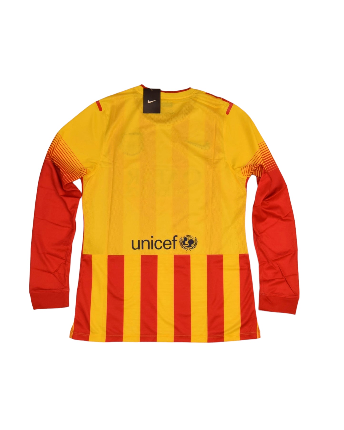 Authentic New Barcelona Nike DRI - FIT Player's Edition / Issue Away 2013-2014 Away Football Shirt Long Sleeve BNWT Deadstock Qatar Airways Unicef Yellow Red Stripes Size L Long Sleeves Dri-Fit