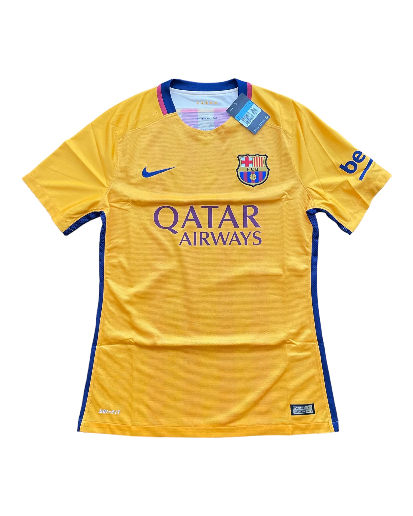 Authentic New FC Barcelona Nike DRI FIT Player's Edition / Issue 2015 - 2016 Away Football Shirt Qatar Airways Unicef Beko BNWT Deadstock Red Blue Size M Golden Yellow
