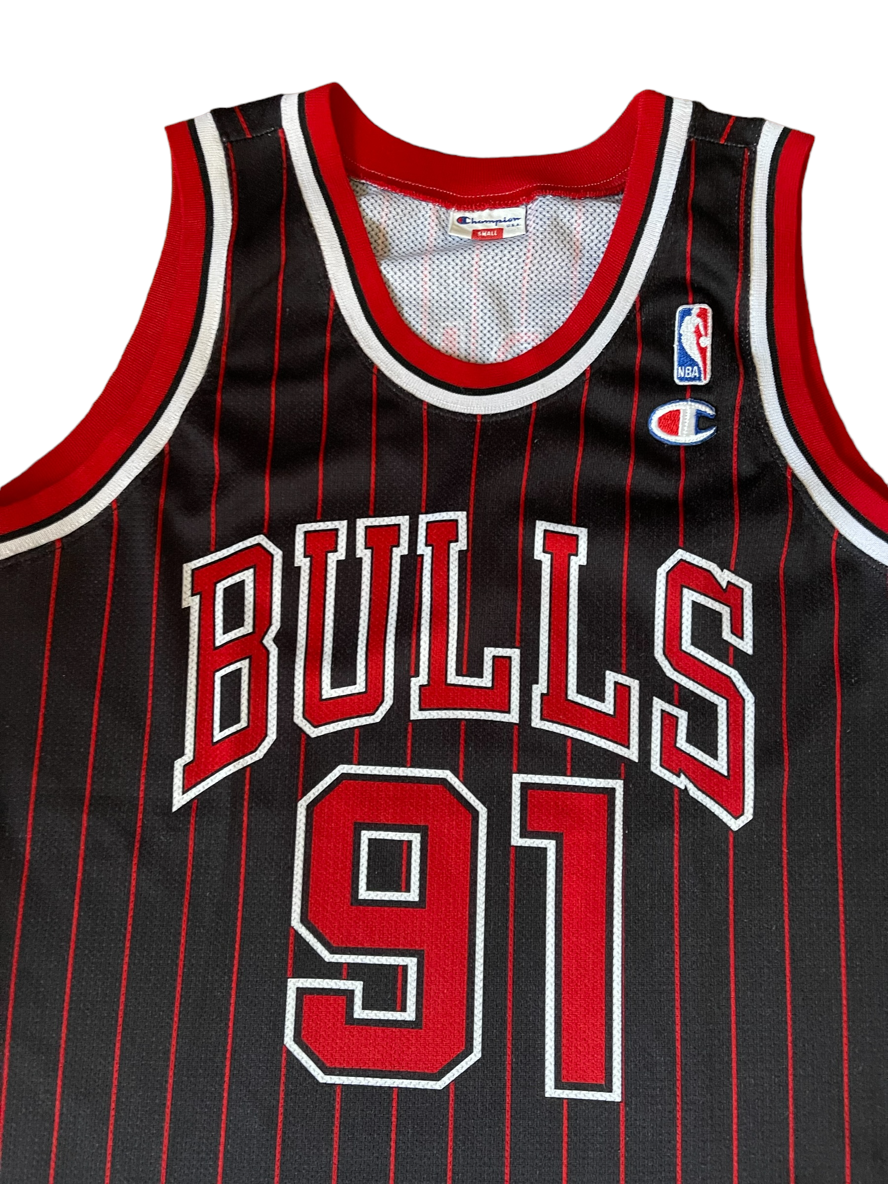 Vintage Chicago Bulls Dennis Rodman Champion 1995-1996 Basketball Away Jersey NBA Black Red Size S-M