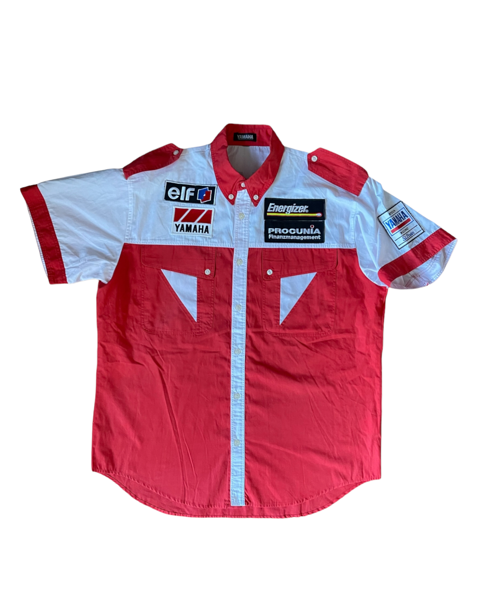 Team Yamaha Racing Sports Shirt Made in Japan Red White Elf Energizer Procunia Size L - XL