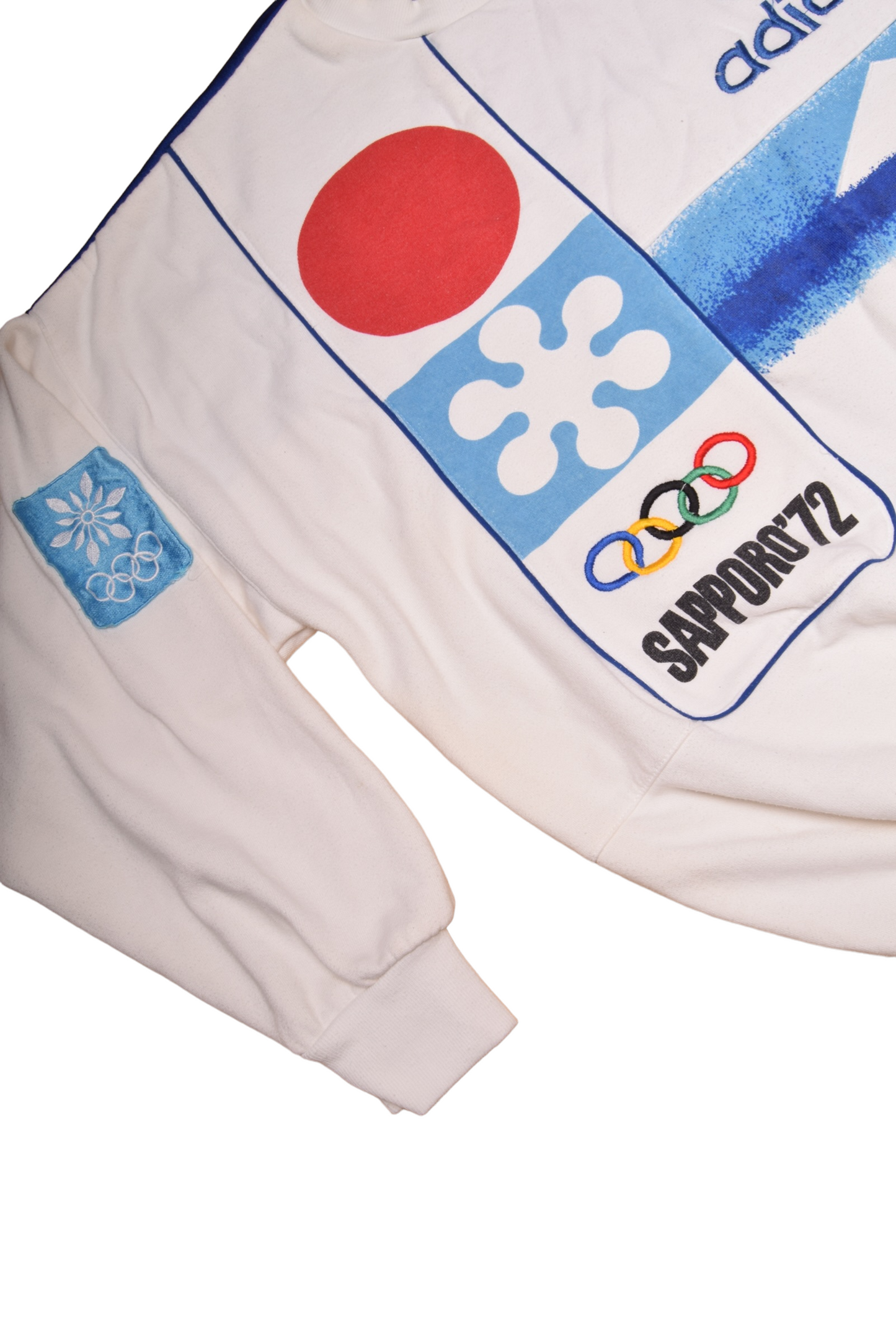 Vintage Adidas Take Off Sweatshirt Crew Neck XI Olympic Winter Game Sapporo '72 Olympiques D'Hiver 6/18Fevrier 1968 Grenoble France Size M White Red Blue