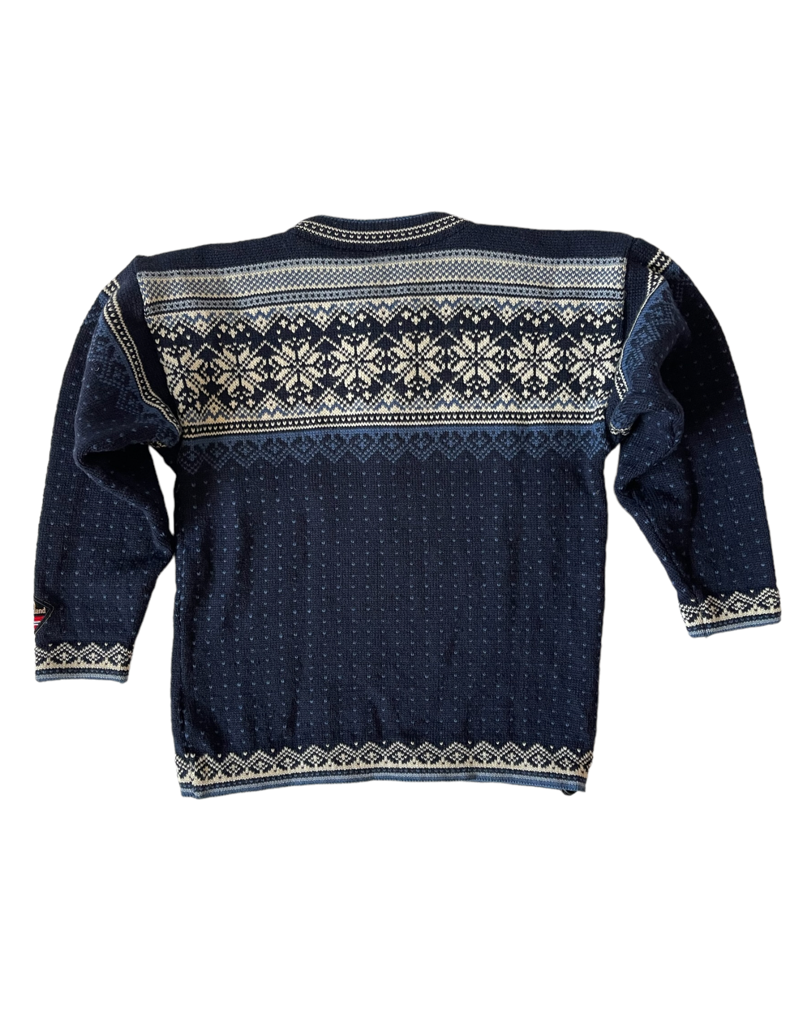 Skjæveland Jumper Made in Norway Pure New Wool Blue Snowflake Size S-M