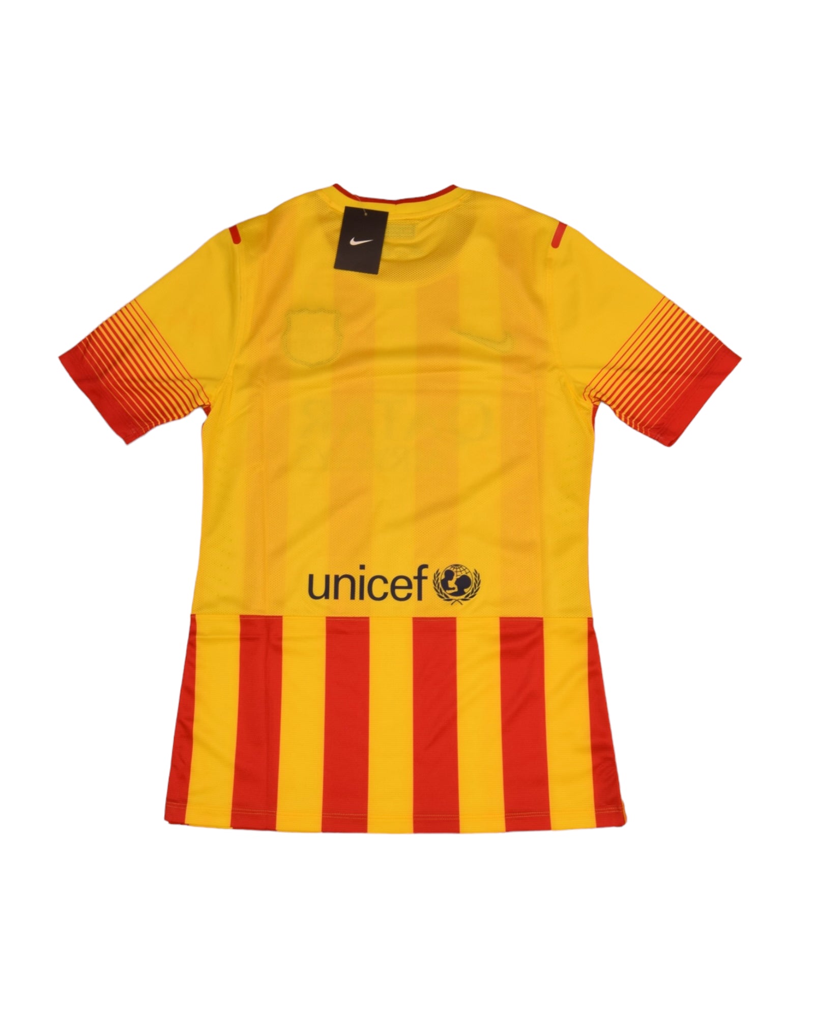 Authentic New Barcelona Nike DRI - FIT Player Issue Away 2013-2014 Away Football Shirt BNWT Deadstock Qatar Airways Unicef Yellow Red Stripes Size L Long Sleeves Dri-Fit