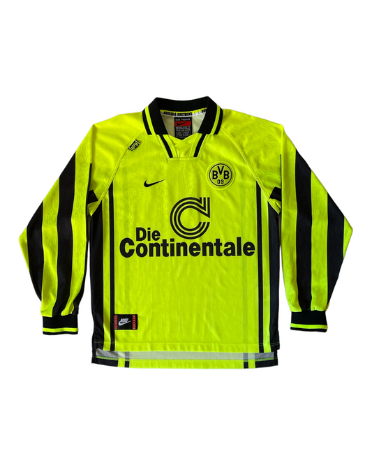Vintage BVB Borrusia Dortmund Nike Premier 1996-1997 Football Shirt Home Die Continentale Made in UK Size M Long SleeveNeon Yellow