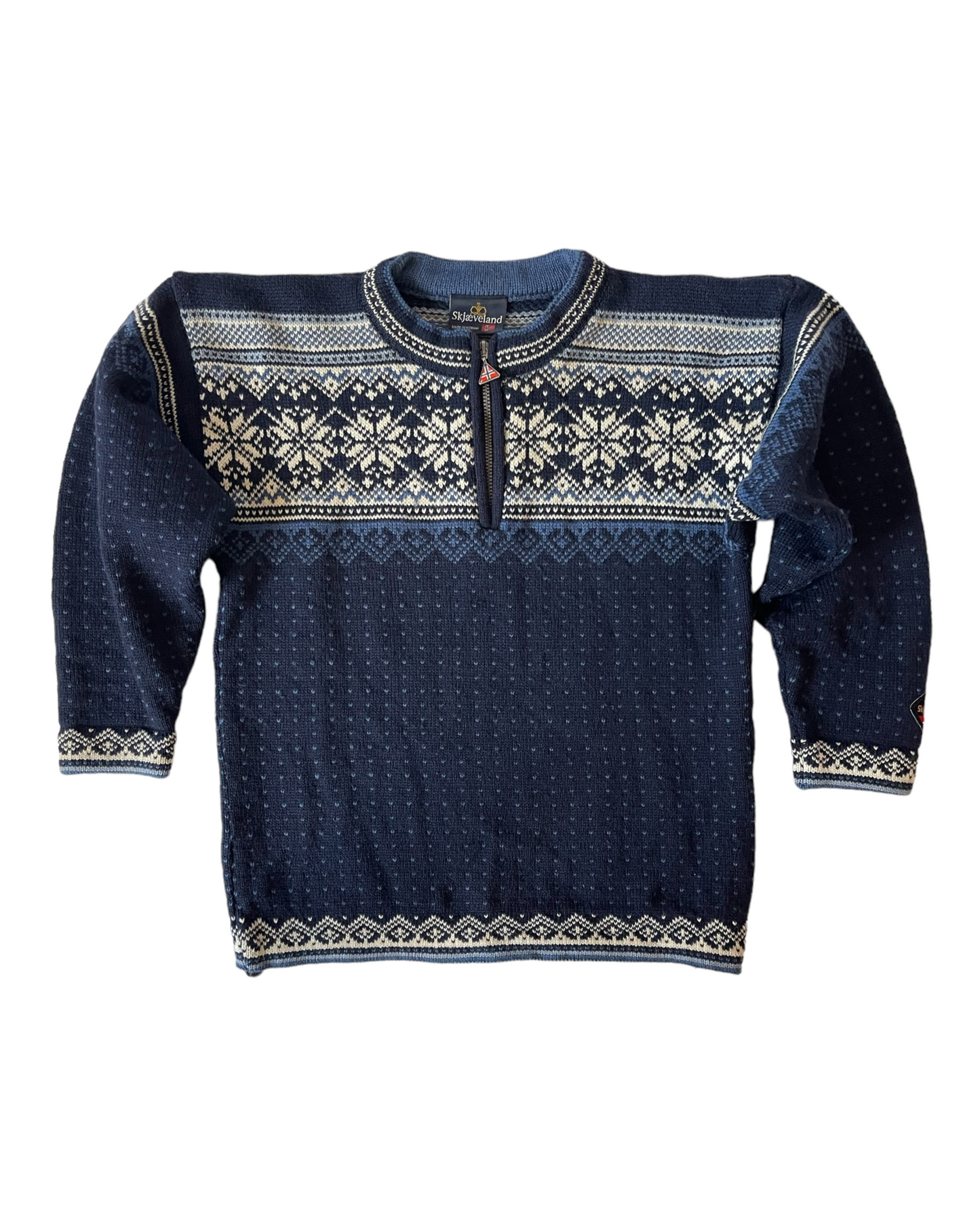 Skjæveland Jumper Made in Norway Pure New Wool Blue Snowflake Size S-M