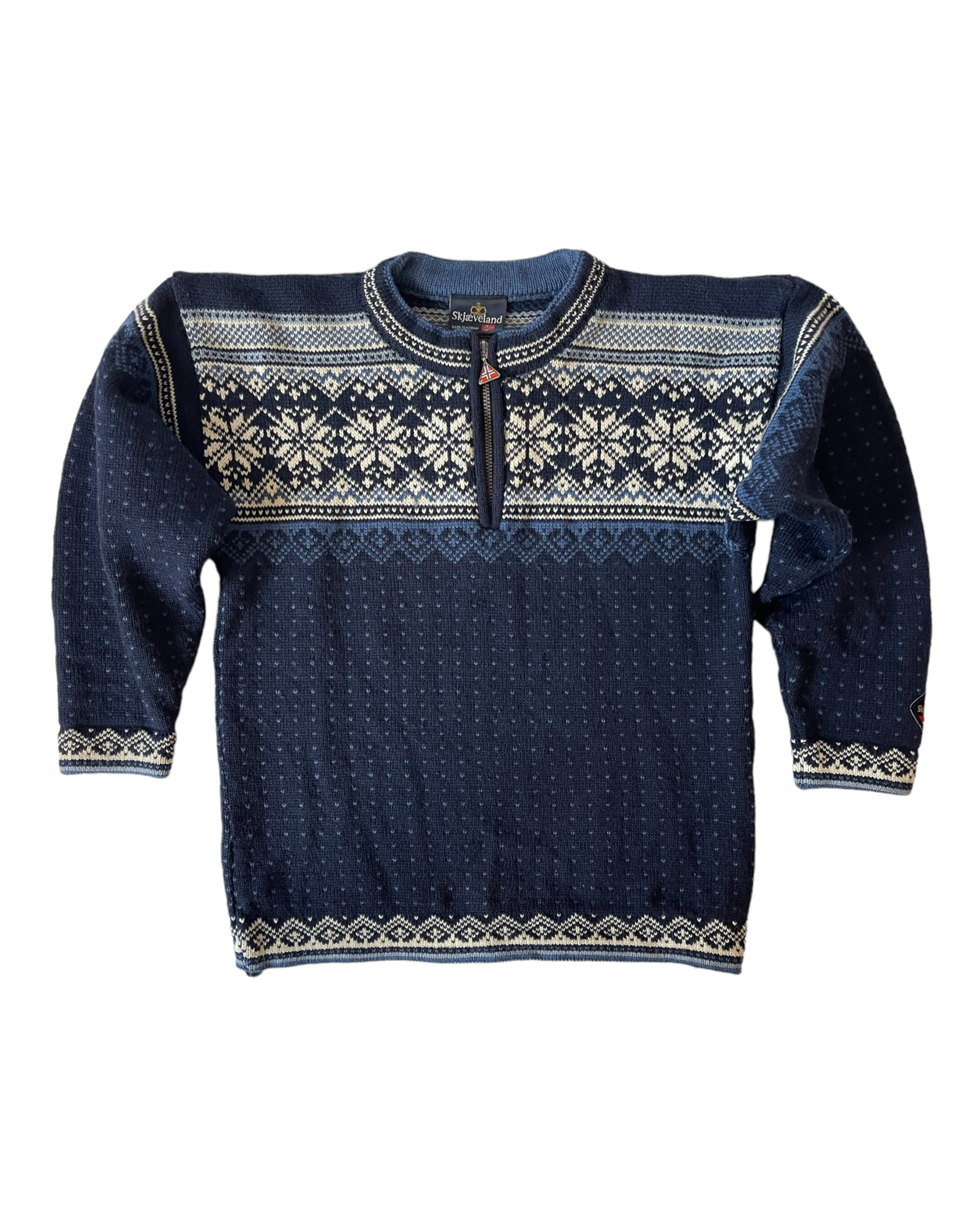 Skjæveland Jumper Made in Norway Pure New Wool Blue Snowflake Size S-M