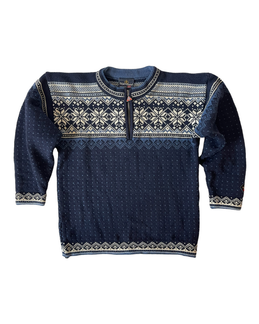 Skjæveland Jumper Made in Norway Pure New Wool Blue Snowflake Size S-M