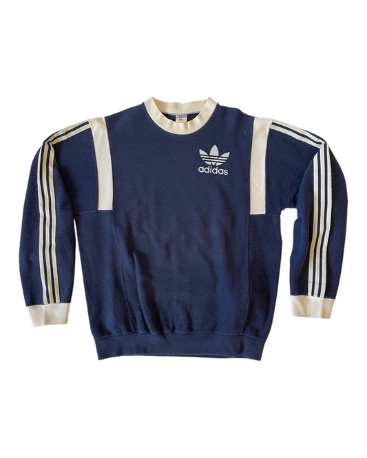 Vintage 80's Adidas Sweatshirt Crew Neck Blue Made in France 100% Cotton Ribbed Cotton Size M